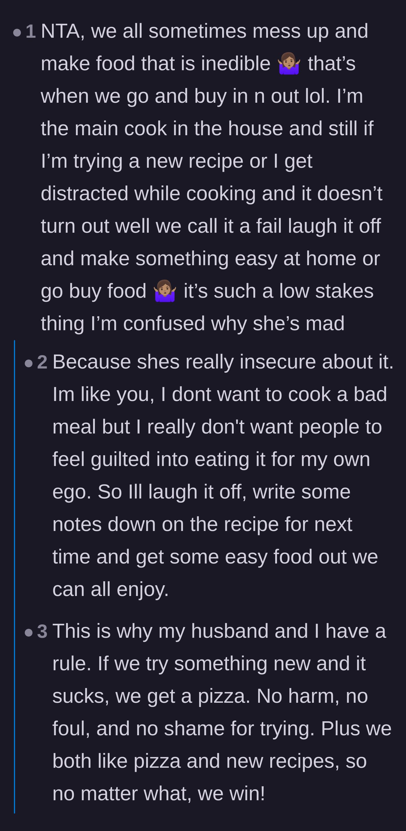 Comment thread 6 - Wholesome advice from experienced cooks about laughing off failed meals and ordering emergency pizza instead.
