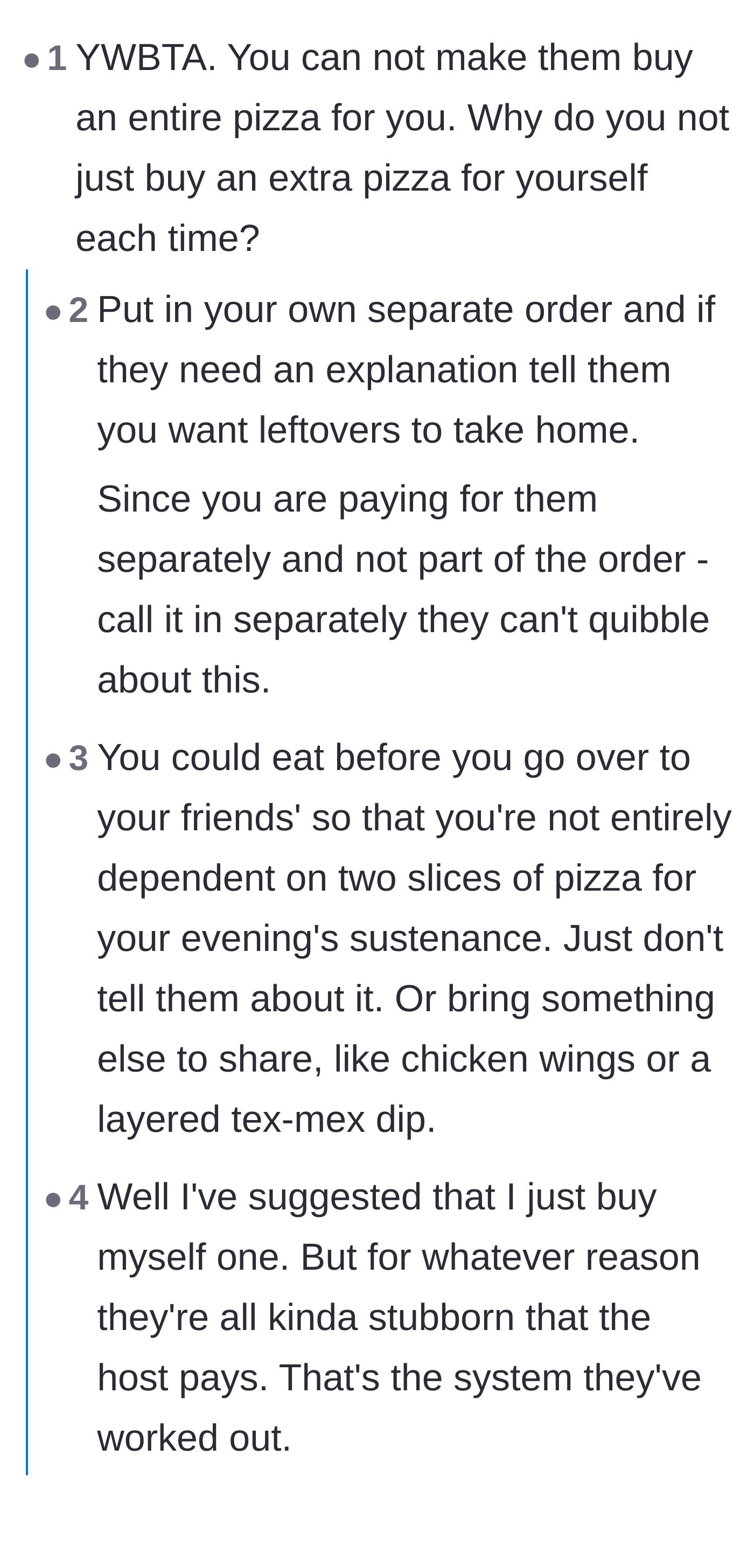 Comment thread 1 - Debate on whether the main character should invent a lie about wanting leftovers just to order their own food.