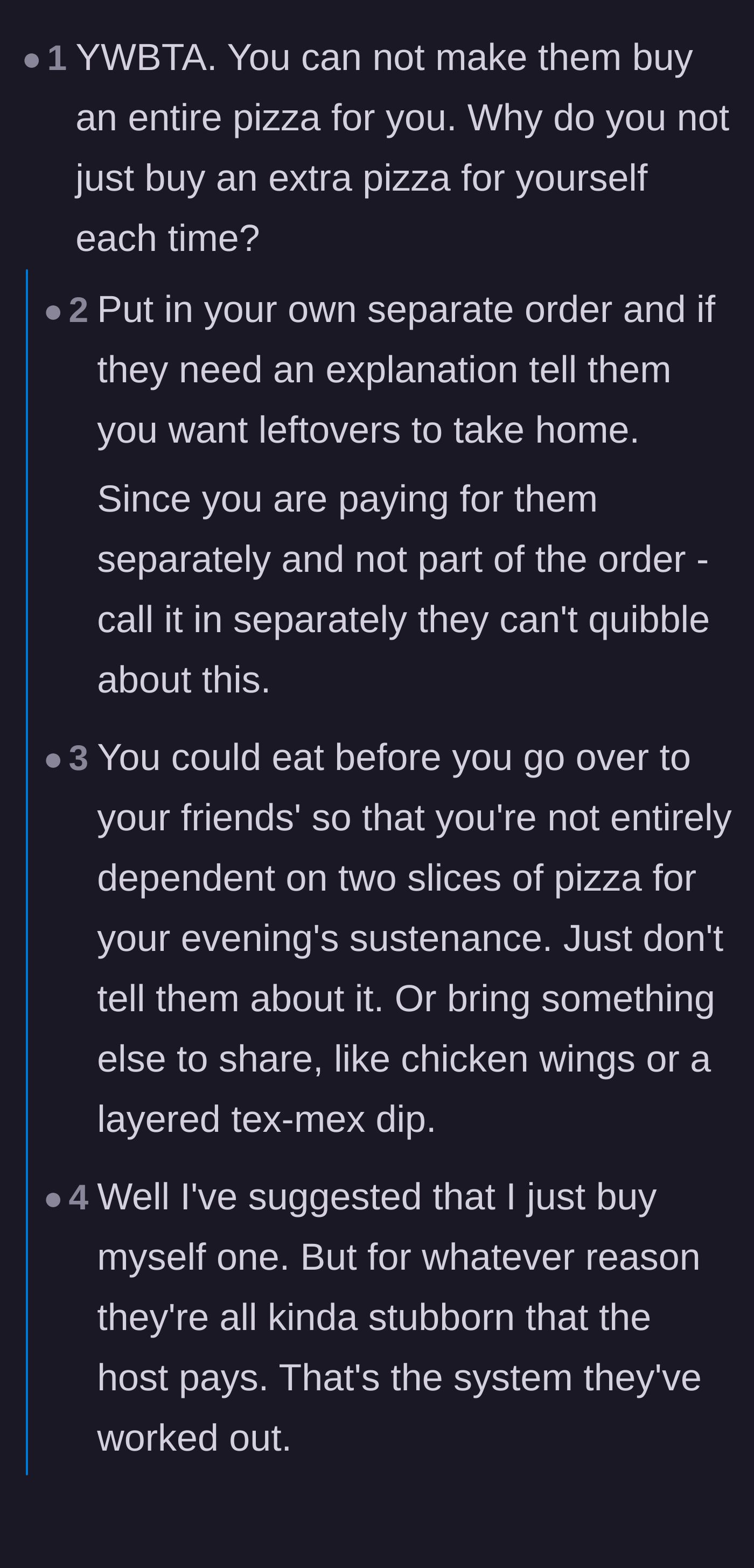 Comment thread 1 - Debate on whether the main character should invent a lie about wanting leftovers just to order their own food.