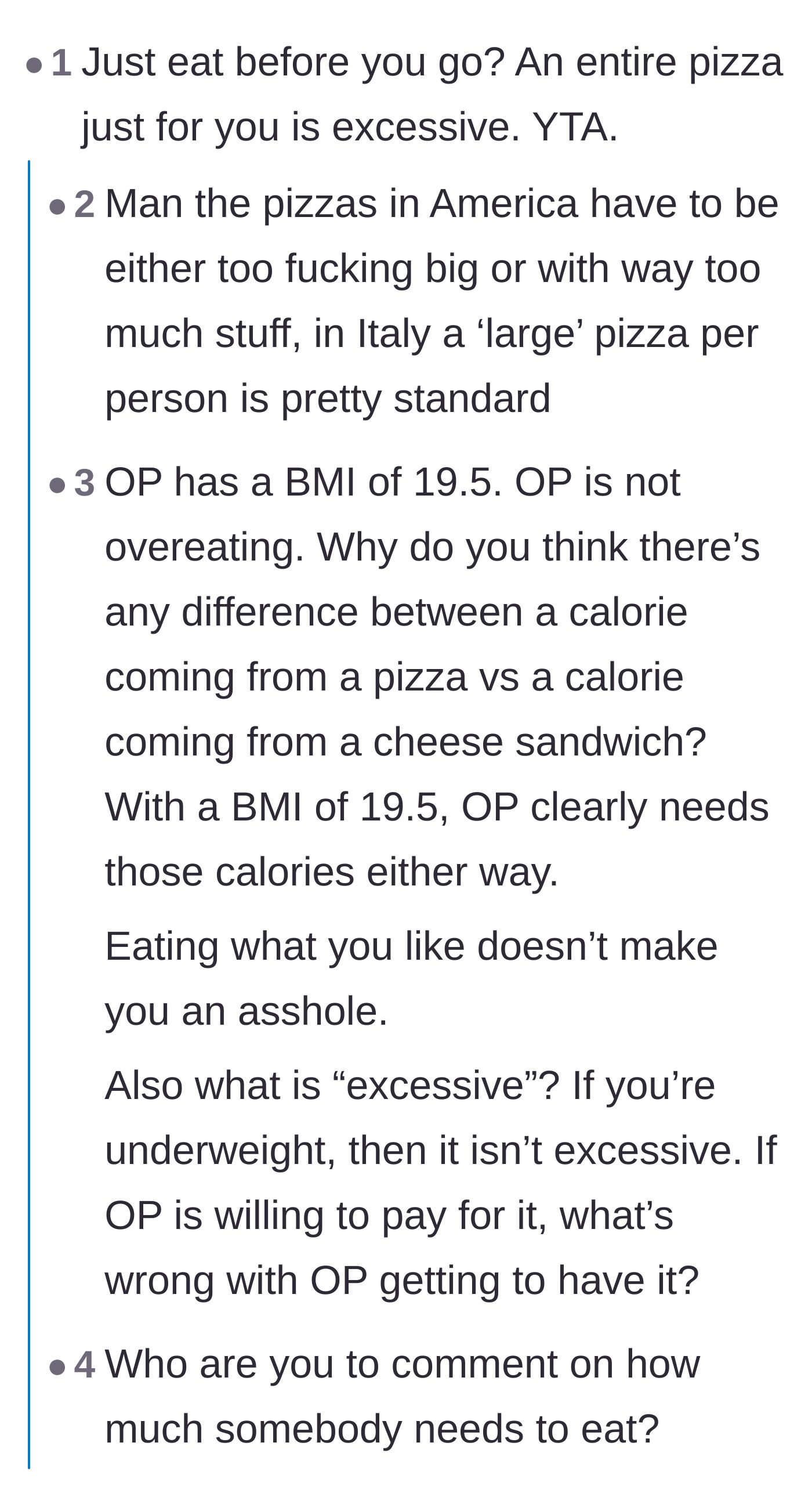 Comment thread 2 - Readers debating American versus Italian pizza sizes and calculating the main character's specific caloric needs based on their height and weight.