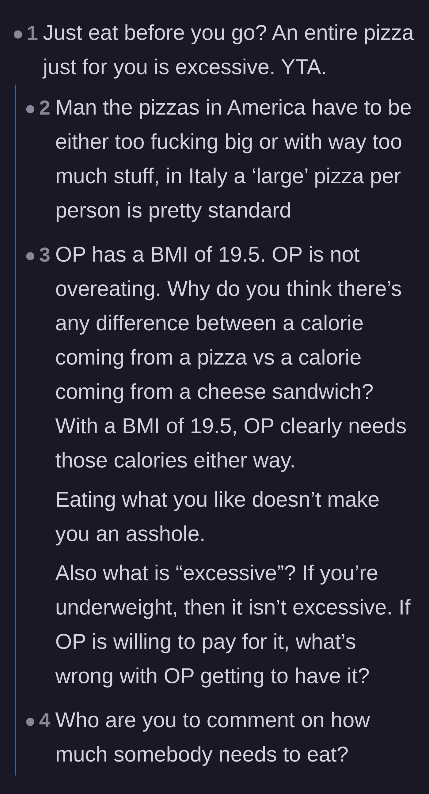 Comment thread 2 - Readers debating American versus Italian pizza sizes and calculating the main character's specific caloric needs based on their height and weight.