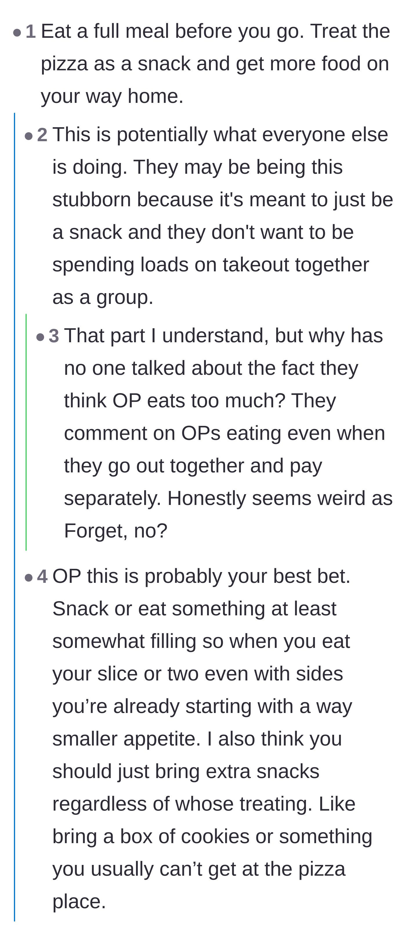 Comment thread 3 - Advice suggesting the main character should just eat a full meal before arriving at the movie night.