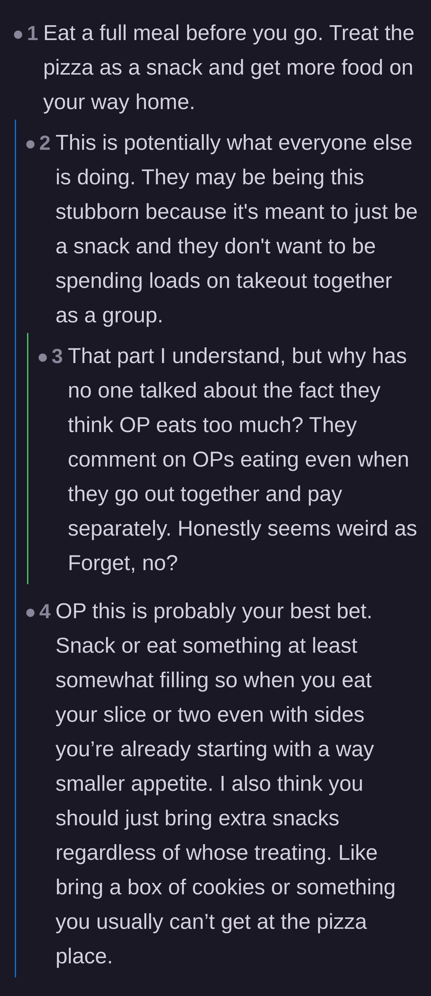 Comment thread 3 - Advice suggesting the main character should just eat a full meal before arriving at the movie night.