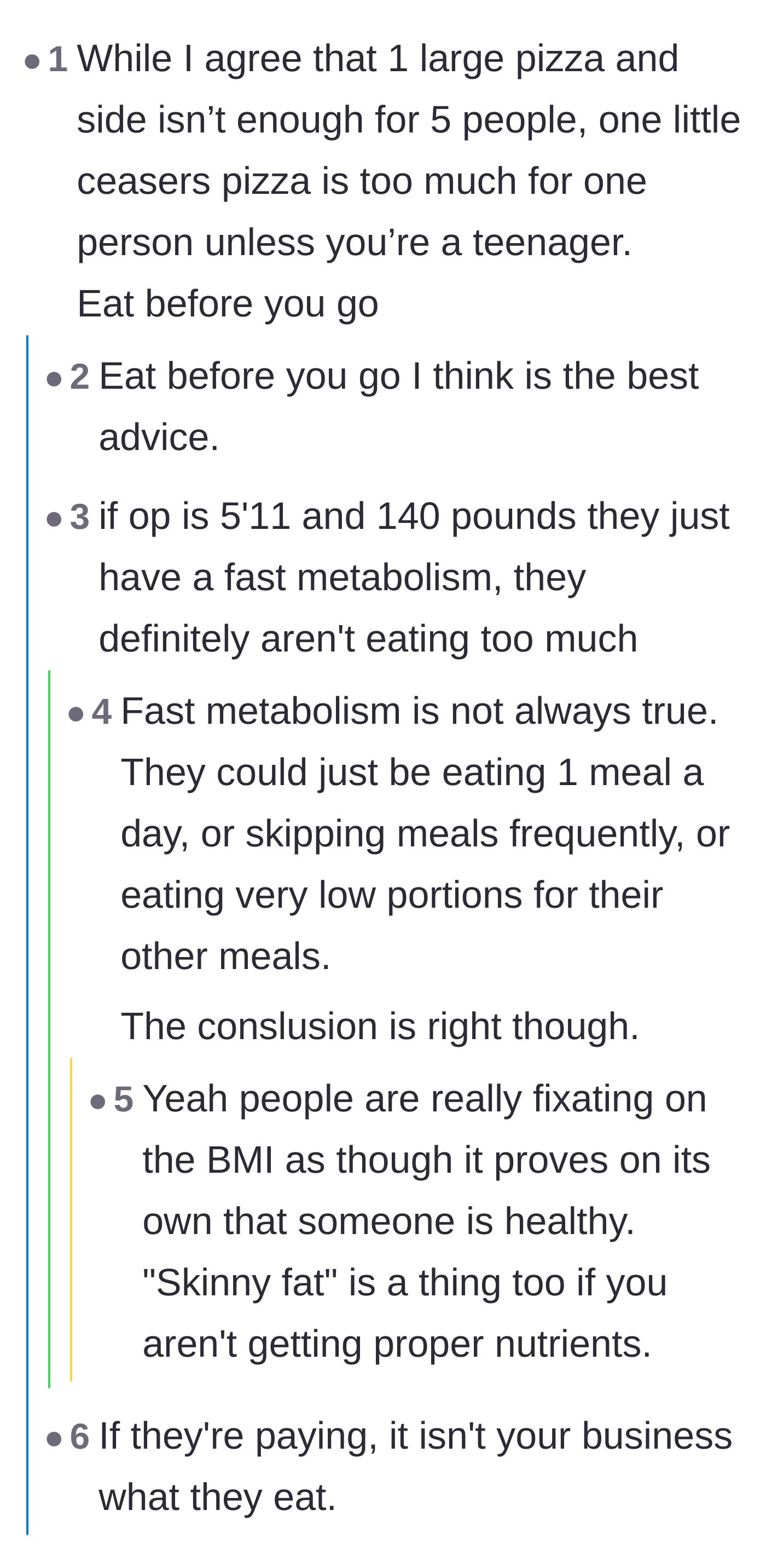 Comment thread 5 - Discussion about the main character's fast metabolism and whether eating an entire pizza is considered excessive.