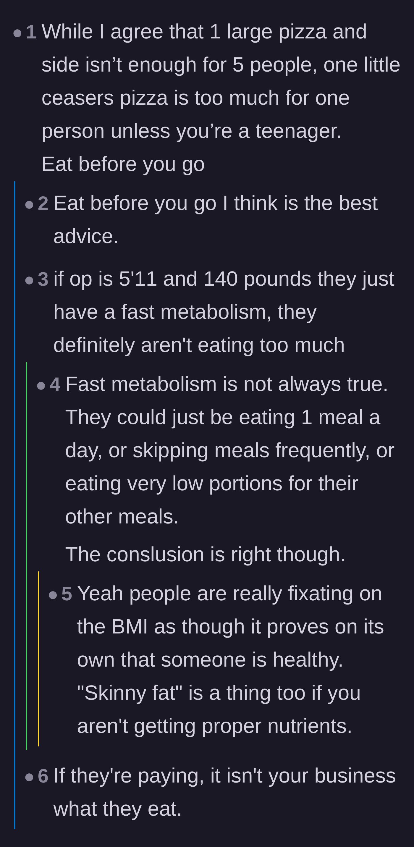 Comment thread 5 - Discussion about the main character's fast metabolism and whether eating an entire pizza is considered excessive.