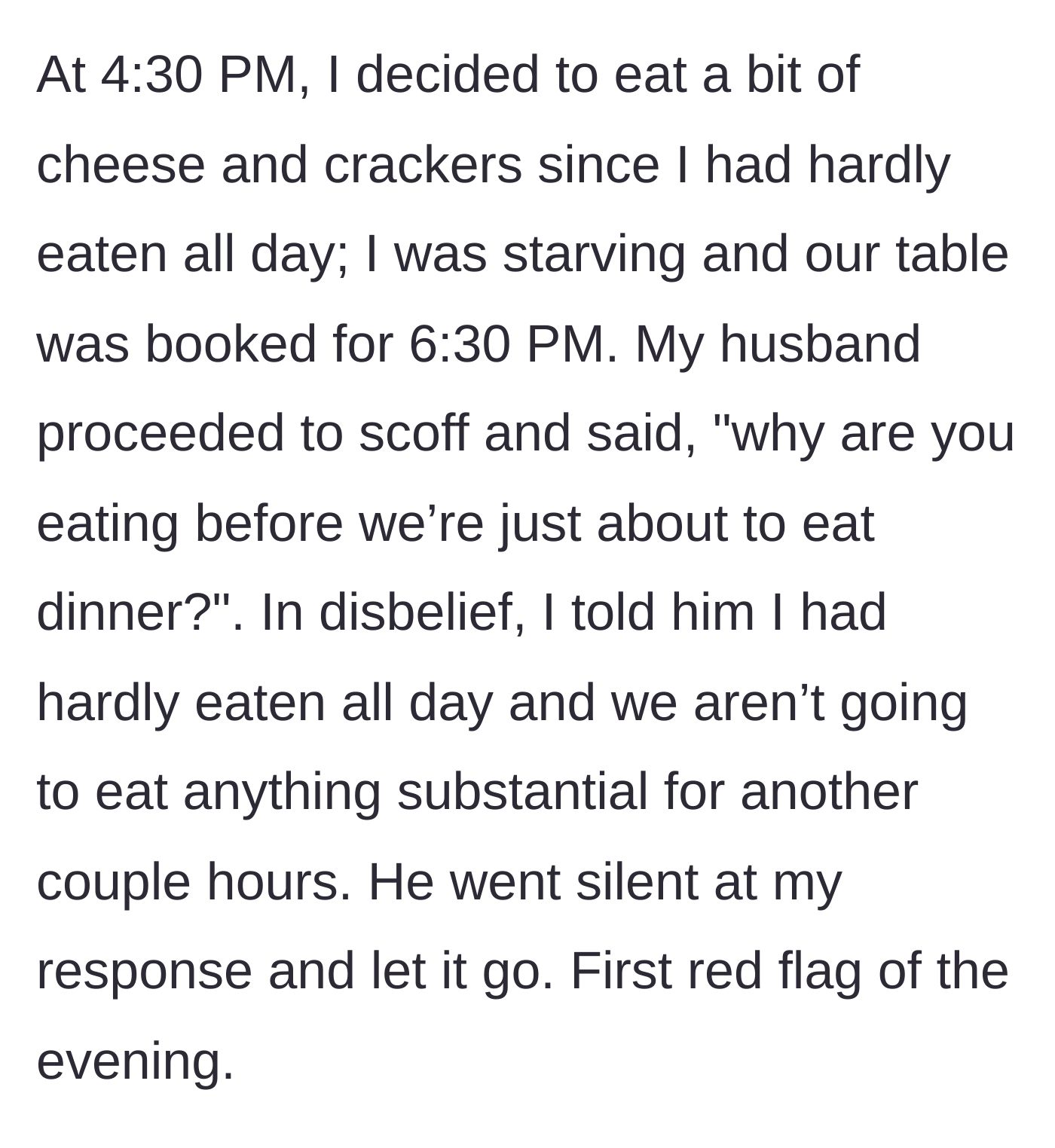 Story part 3 - Wife eats a small snack due to starvation, and the husband scoffs and questions her.