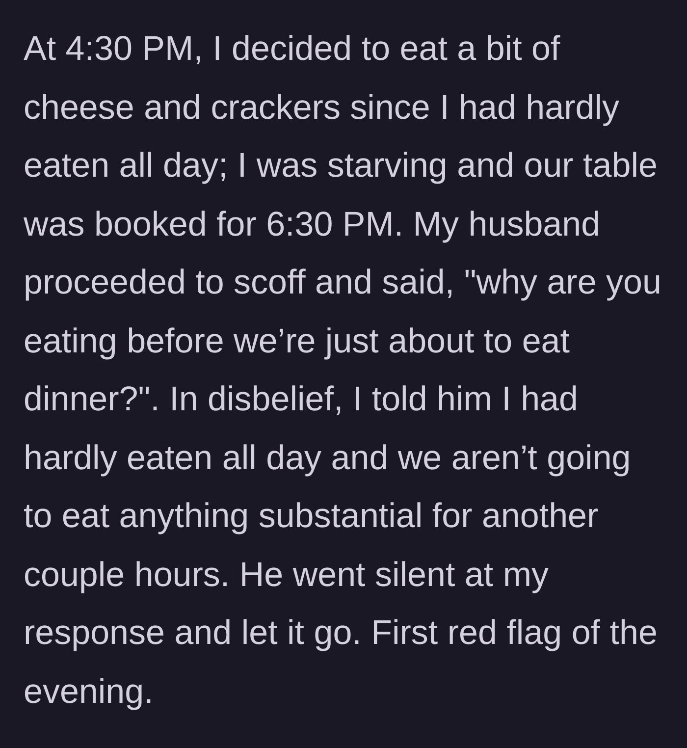 Story part 3 - Wife eats a small snack due to starvation, and the husband scoffs and questions her.