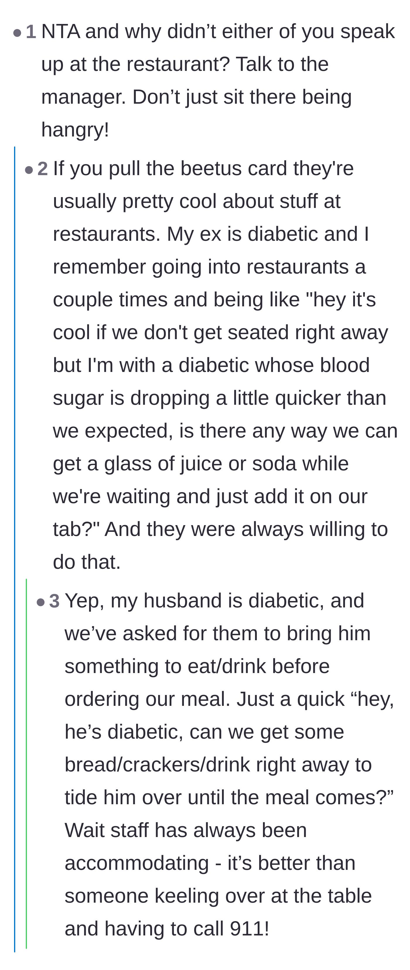 Comment thread 6 - Former waitstaff explaining that restaurants will gladly rush emergency food to a diabetic guest if asked.