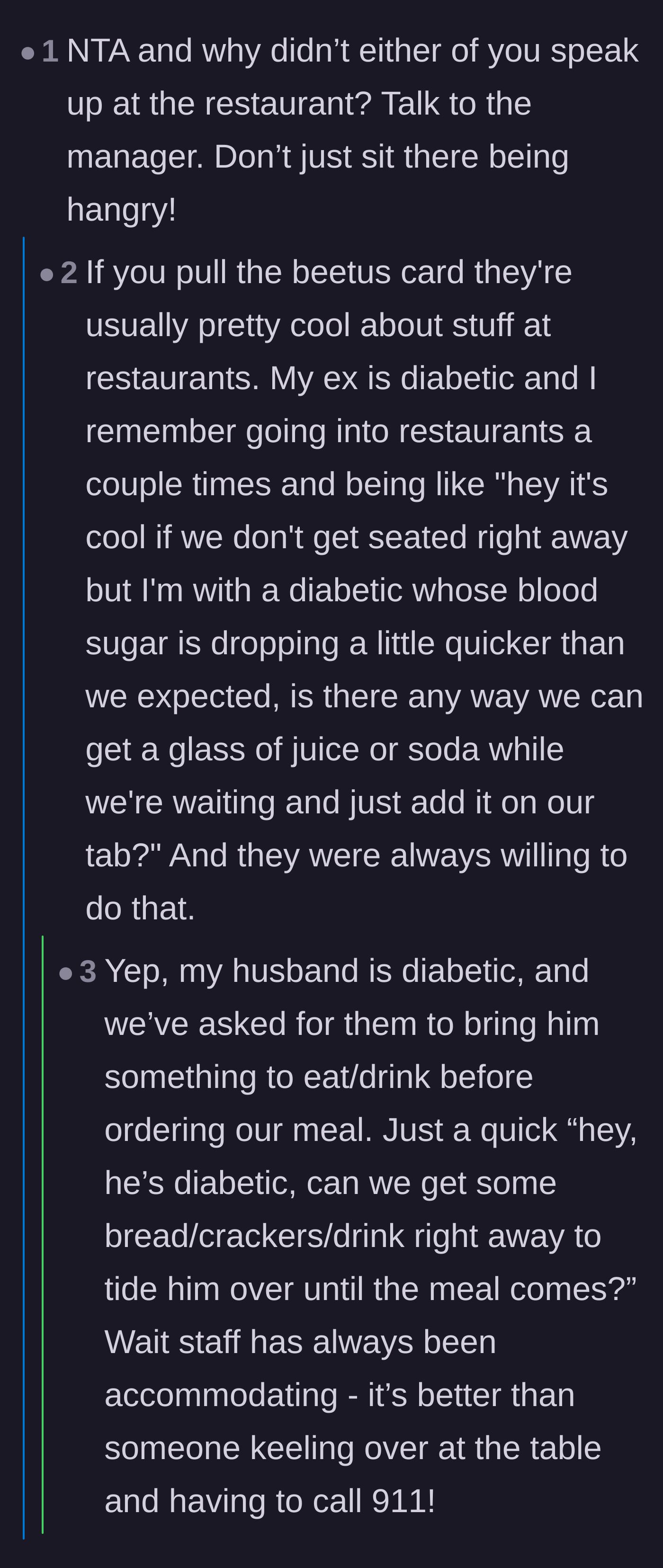 Comment thread 6 - Former waitstaff explaining that restaurants will gladly rush emergency food to a diabetic guest if asked.