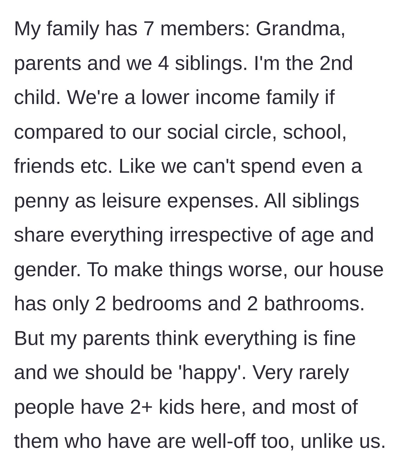 Story part 1 - Seven family members crammed into a tiny two-bedroom apartment.