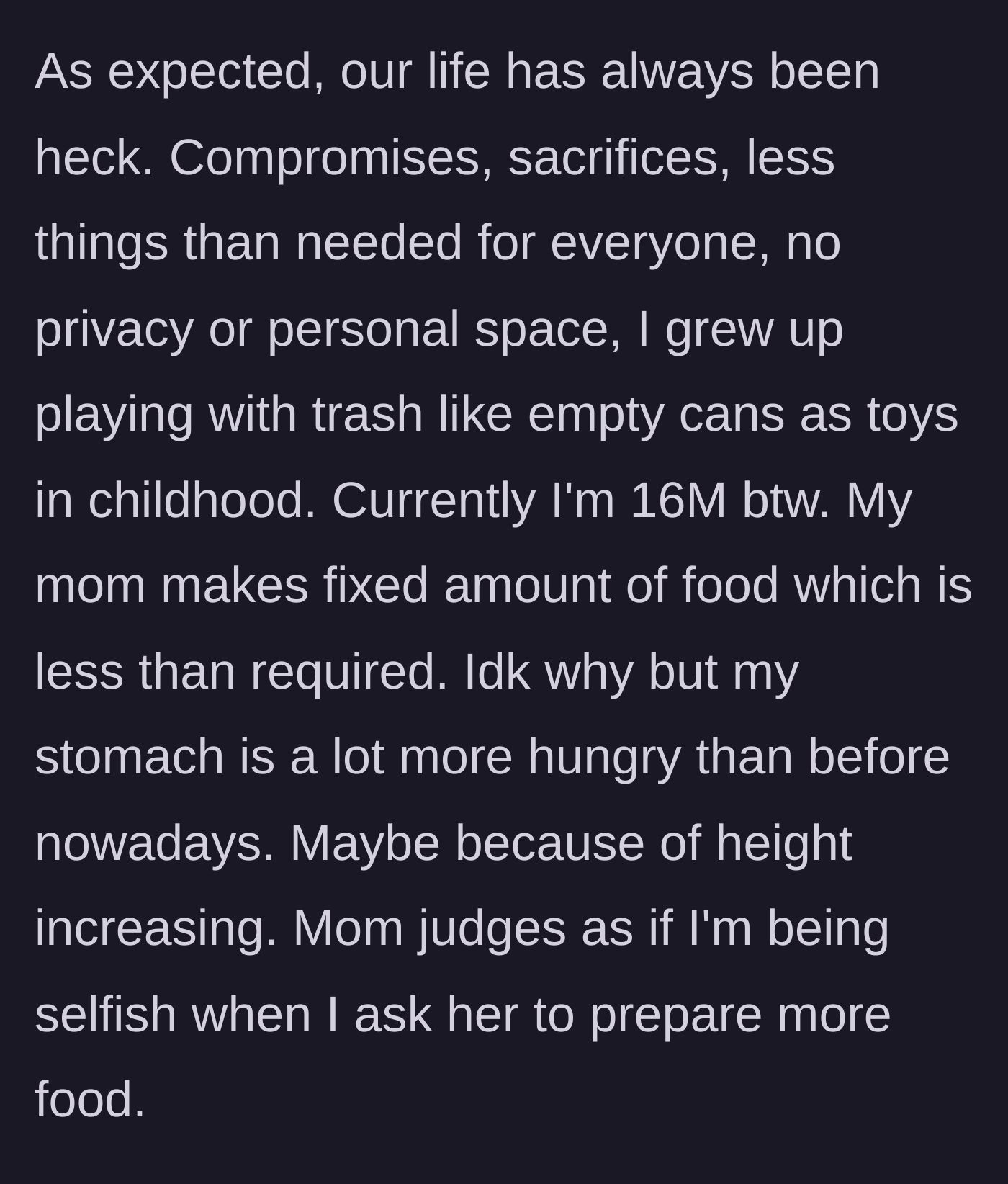 Story part 2 - A teenage boy facing empty cupboards and a mother's judgmental glare.