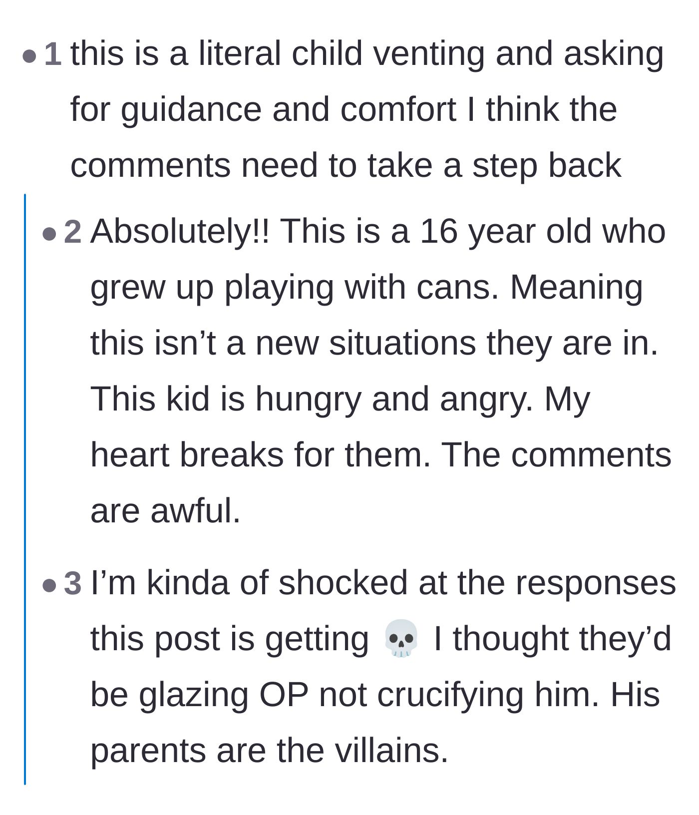 Comment thread 1 - Readers defending the teenage author from harsh criticism and calling out the father's laziness.