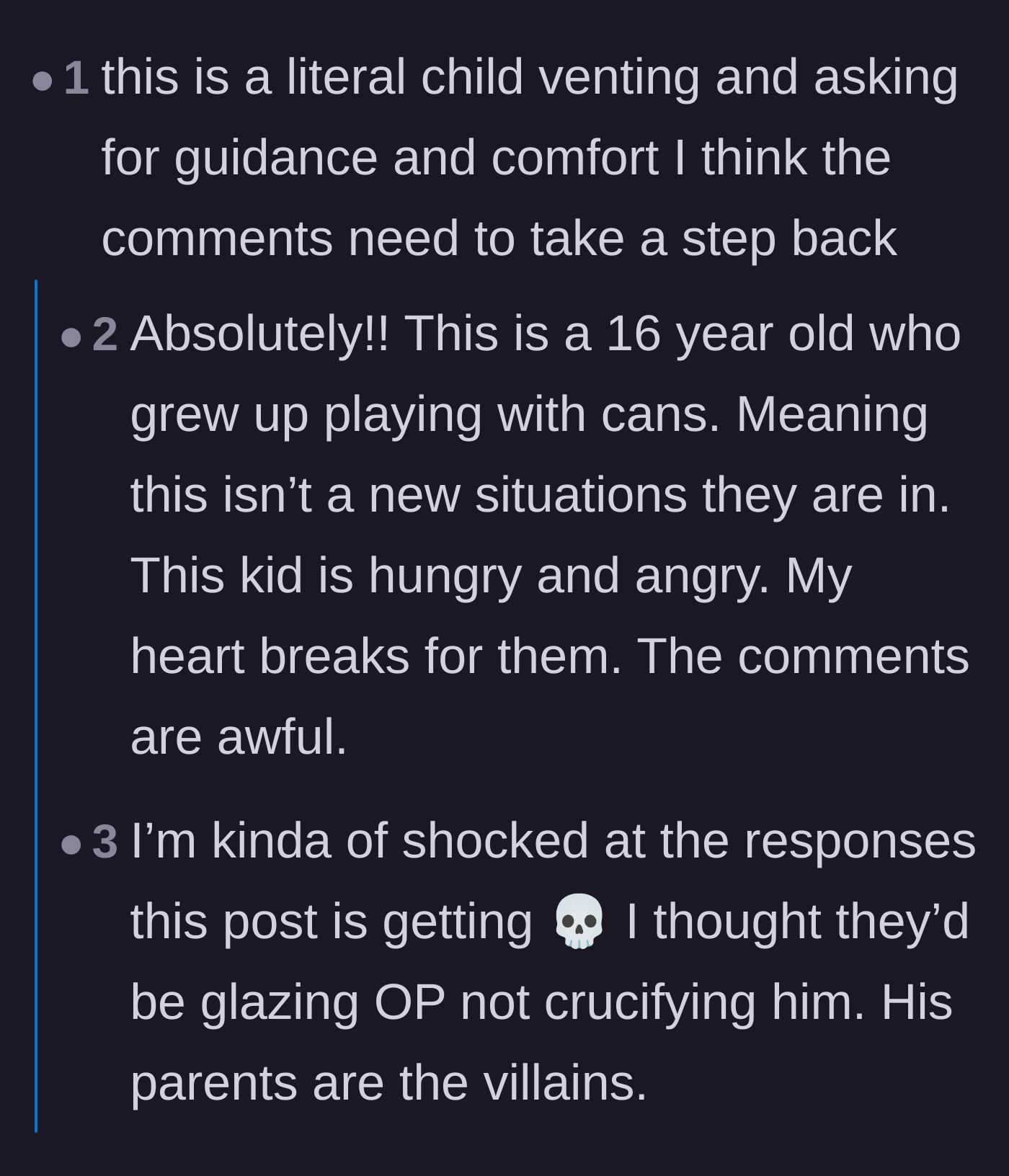 Comment thread 1 - Readers defending the teenage author from harsh criticism and calling out the father's laziness.