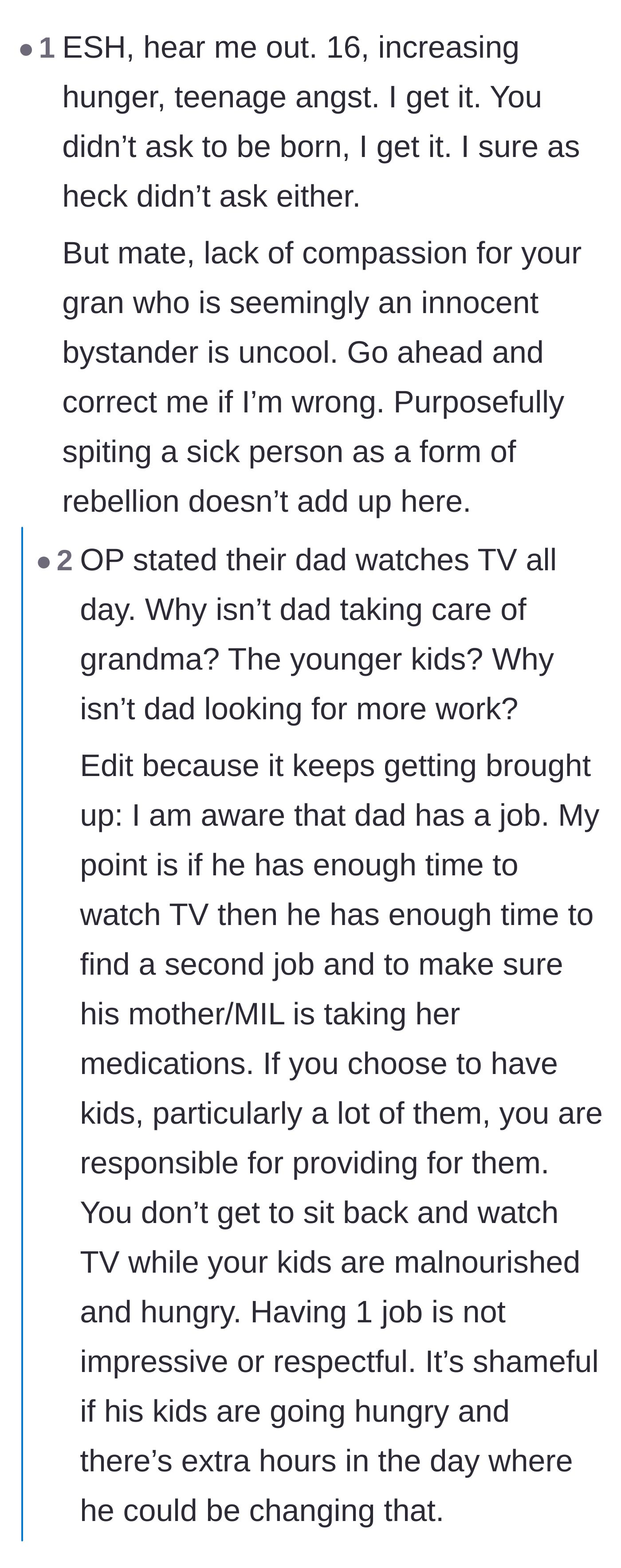 Comment thread 2 - A debate over whether the teenager is cruel for refusing to give his grandmother her medication.