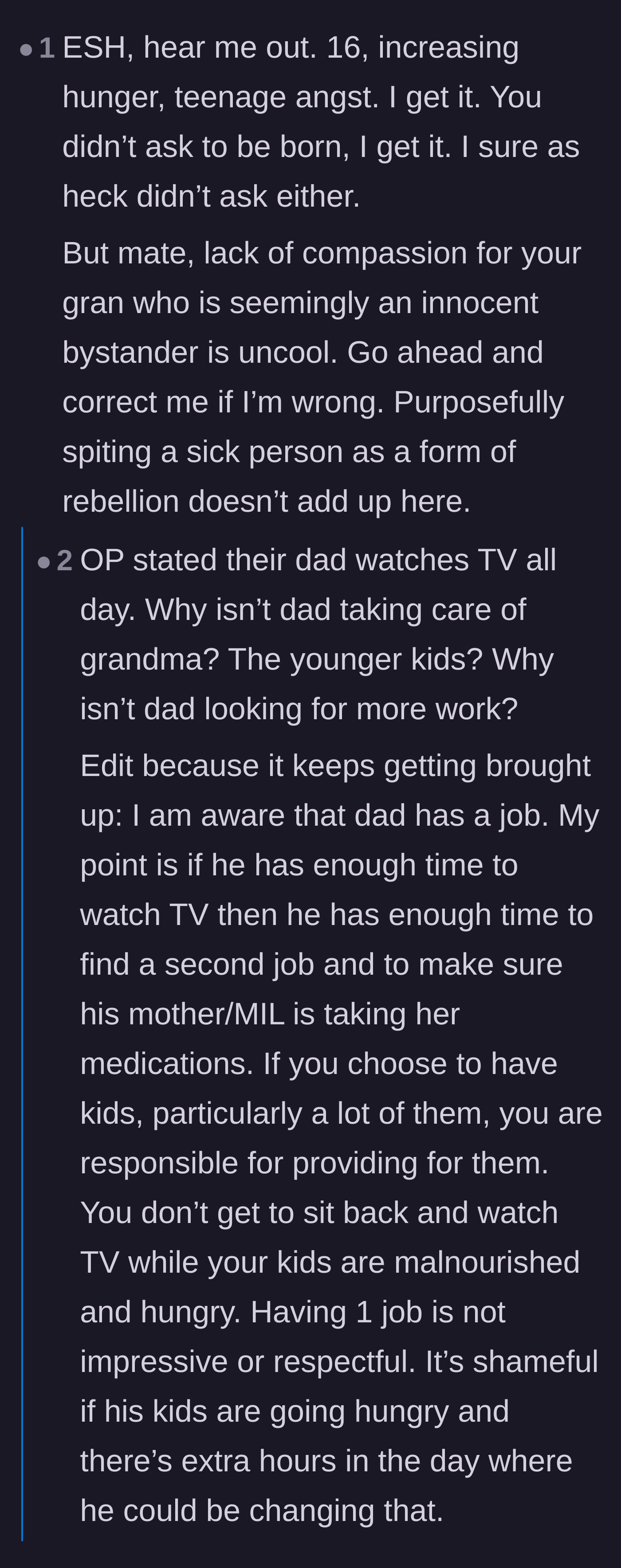 Comment thread 2 - A debate over whether the teenager is cruel for refusing to give his grandmother her medication.