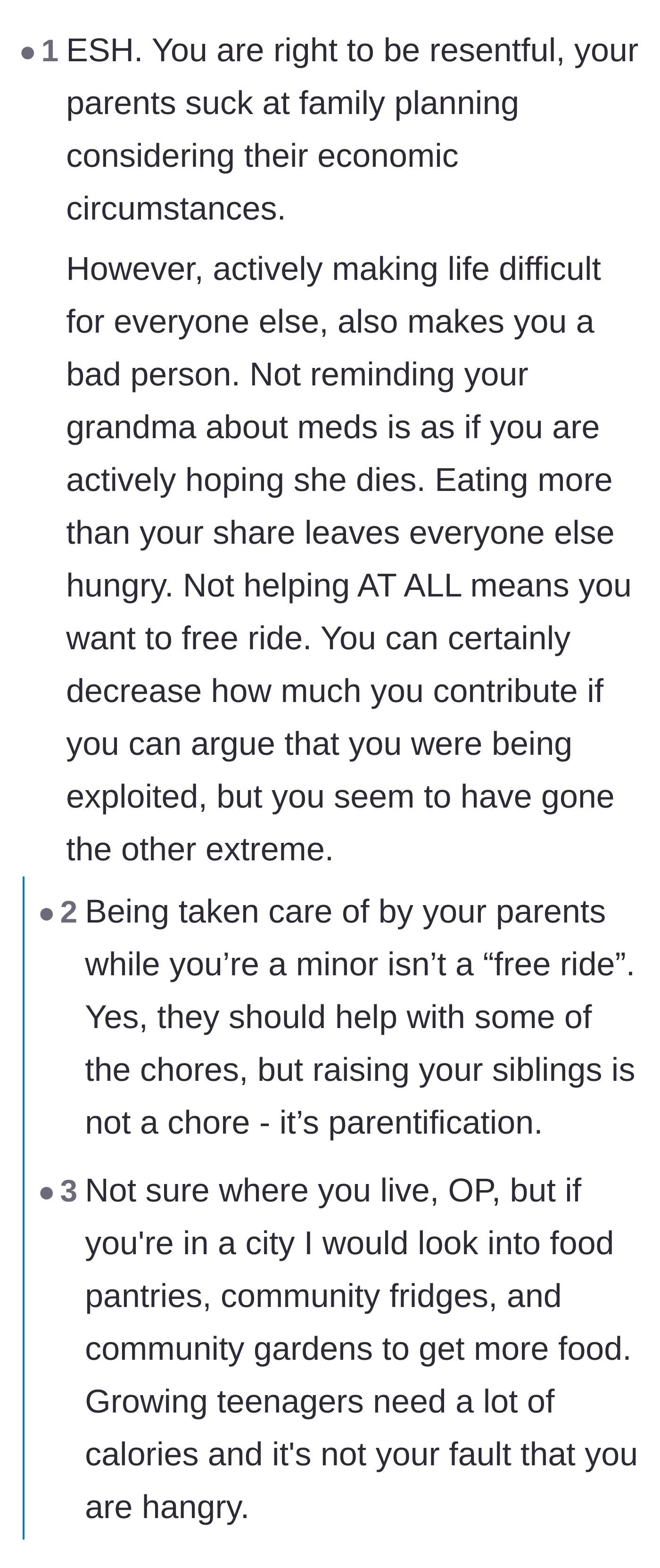 Comment thread 5 - A commenter criticizing the teenager for eating more than his share and acting like a free rider.