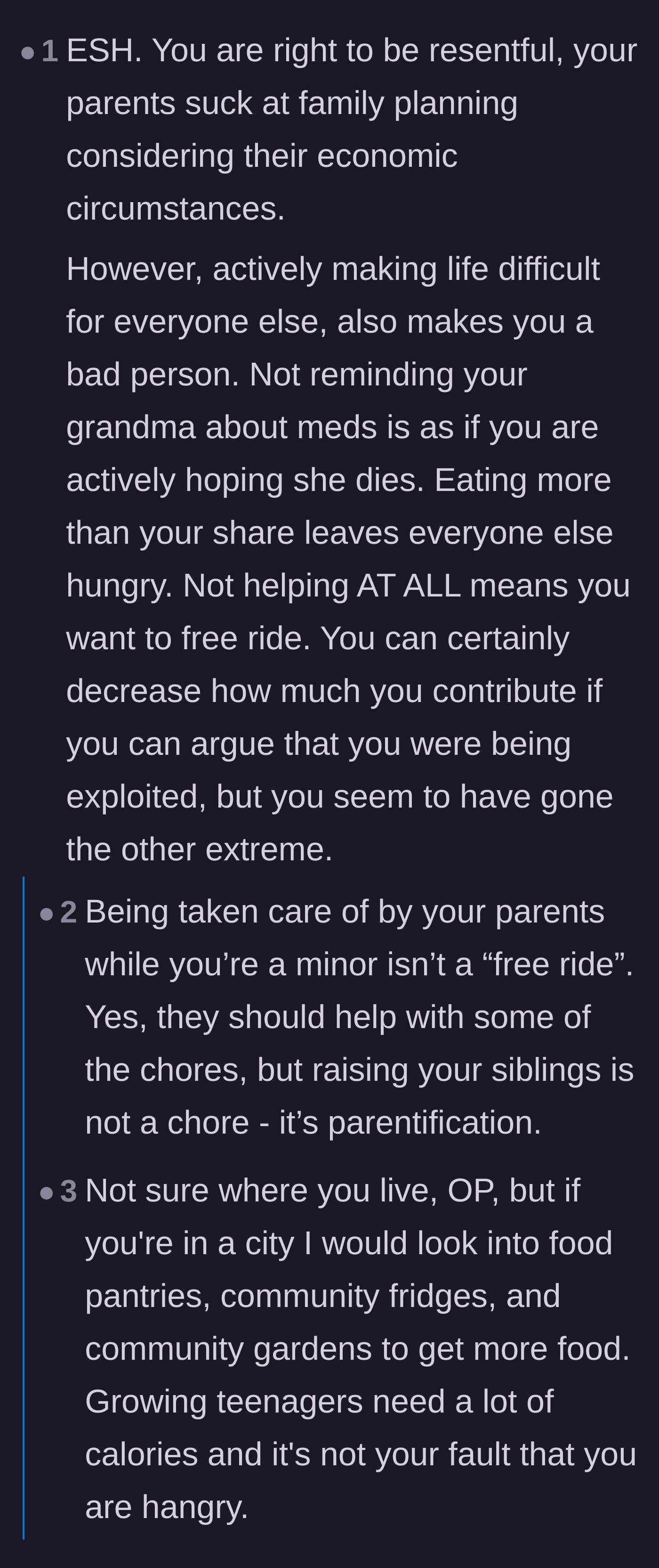 Comment thread 5 - A commenter criticizing the teenager for eating more than his share and acting like a free rider.