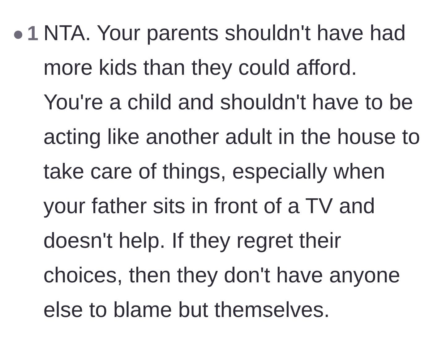Comment thread 6 - Final consensus that the parents are entirely to blame for having more children than they could financially support.