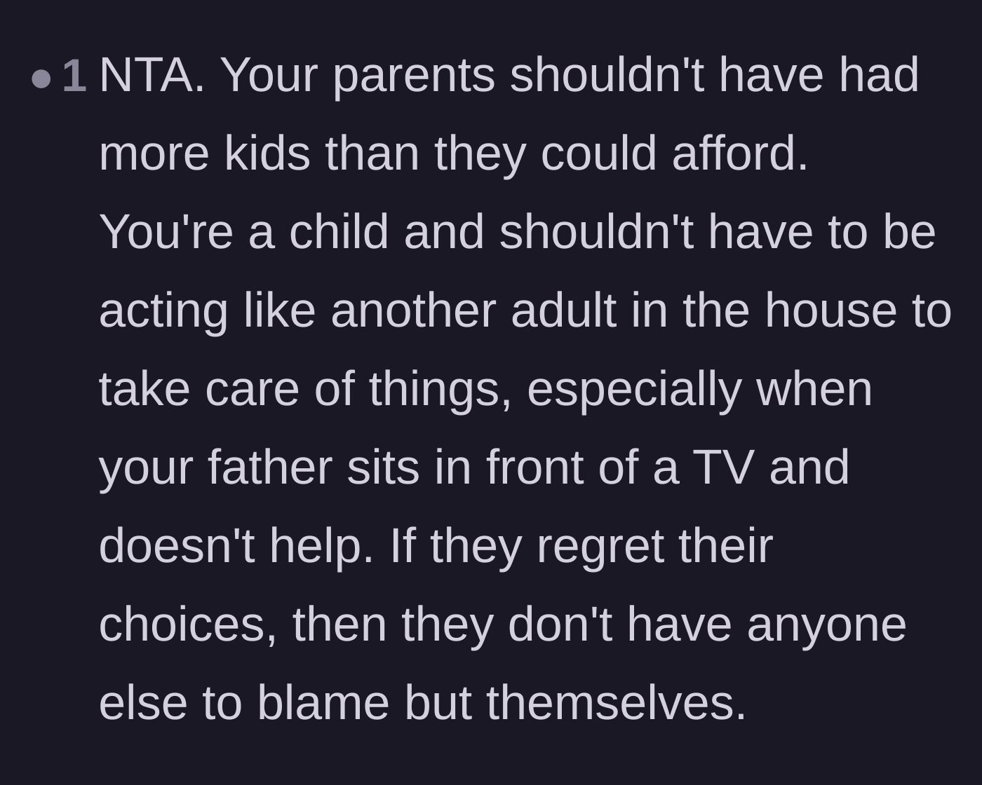 Comment thread 6 - Final consensus that the parents are entirely to blame for having more children than they could financially support.