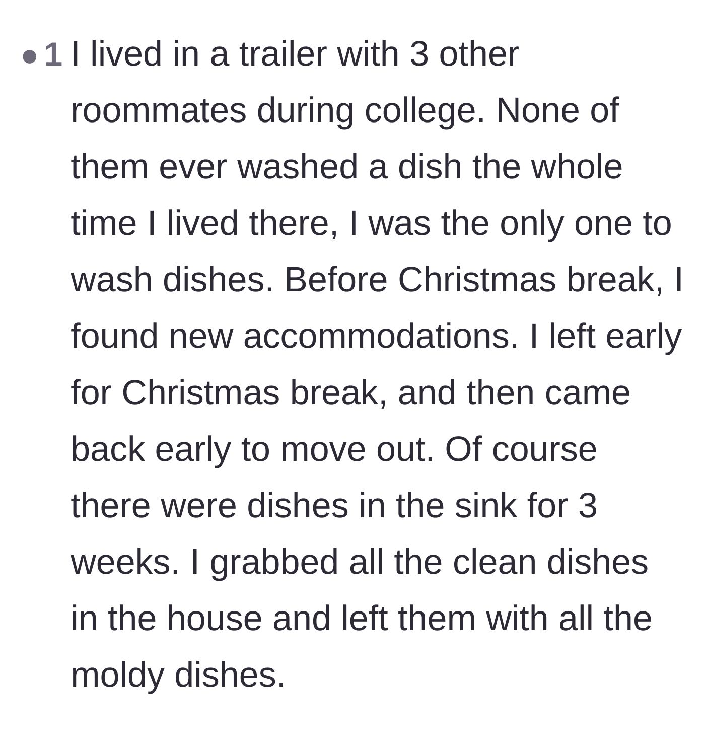 Comment thread 2 - A former college student recounts leaving their dirty roommates to deal with a three-week pile of moldy dishes.