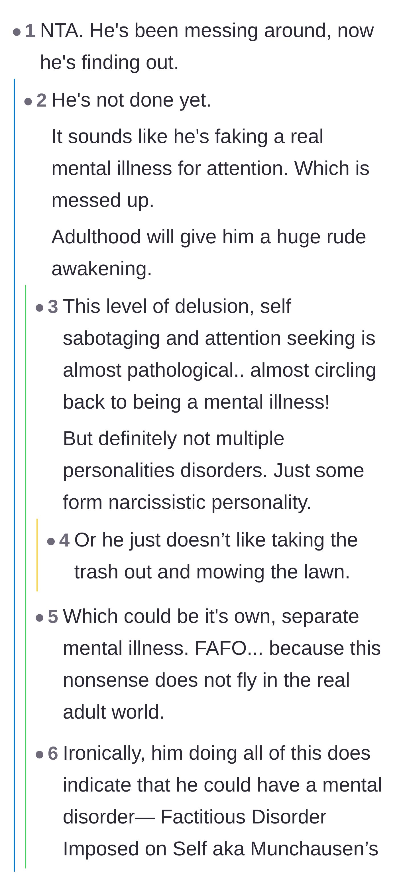 Comment thread 1 - Discussing how the teen's fake diagnosis is just a convenient excuse for avoiding chores and how adulthood won't tolerate it.