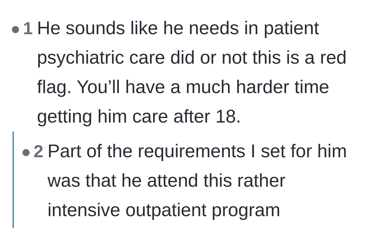 Comment thread 5 - Debating whether the elaborate faking of an illness is actually a symptom of a different psychological issue requiring inpatient care.