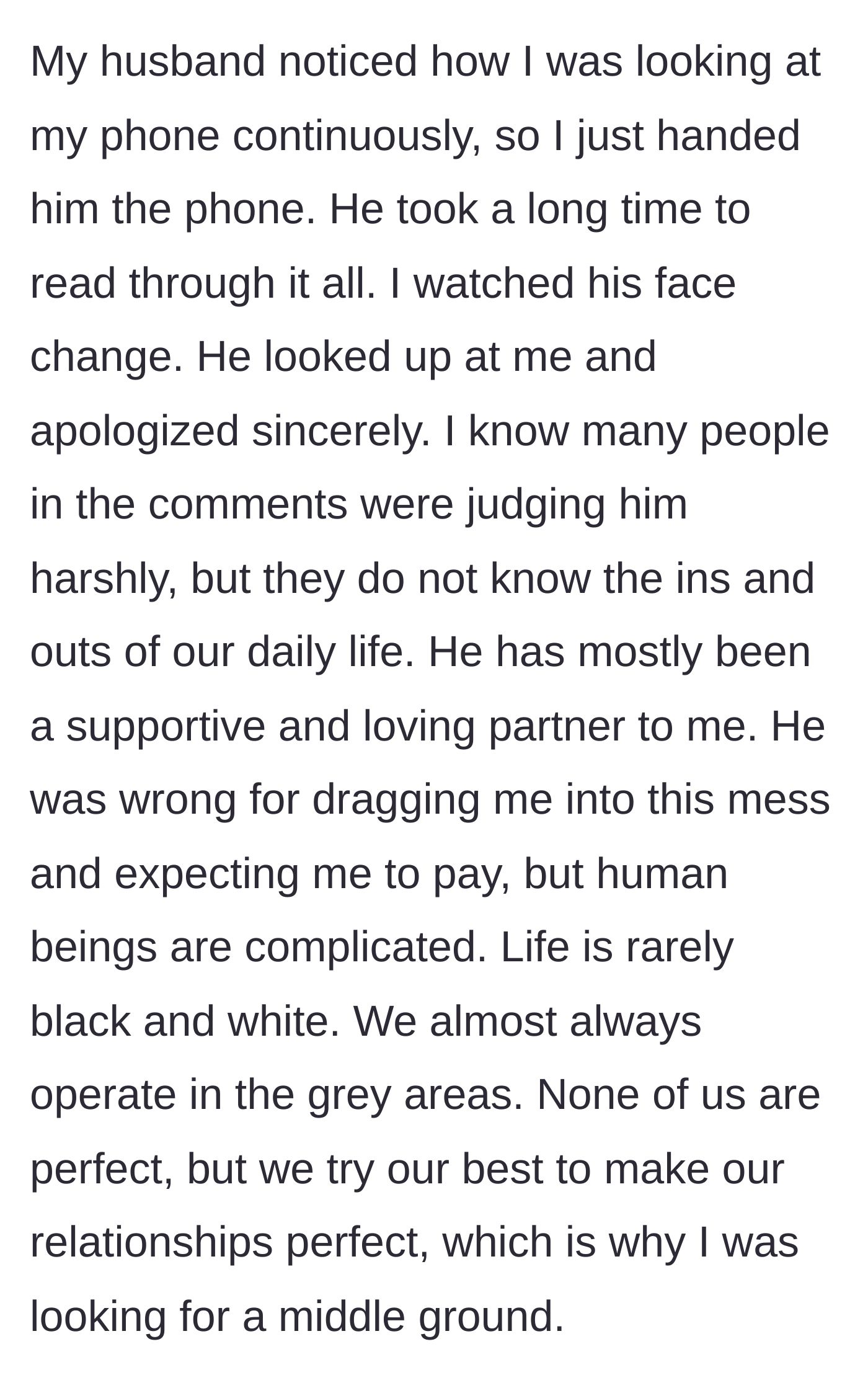 Story part 8 - Husband reads the internet's feedback, realizes his mistake, and sincerely apologizes.