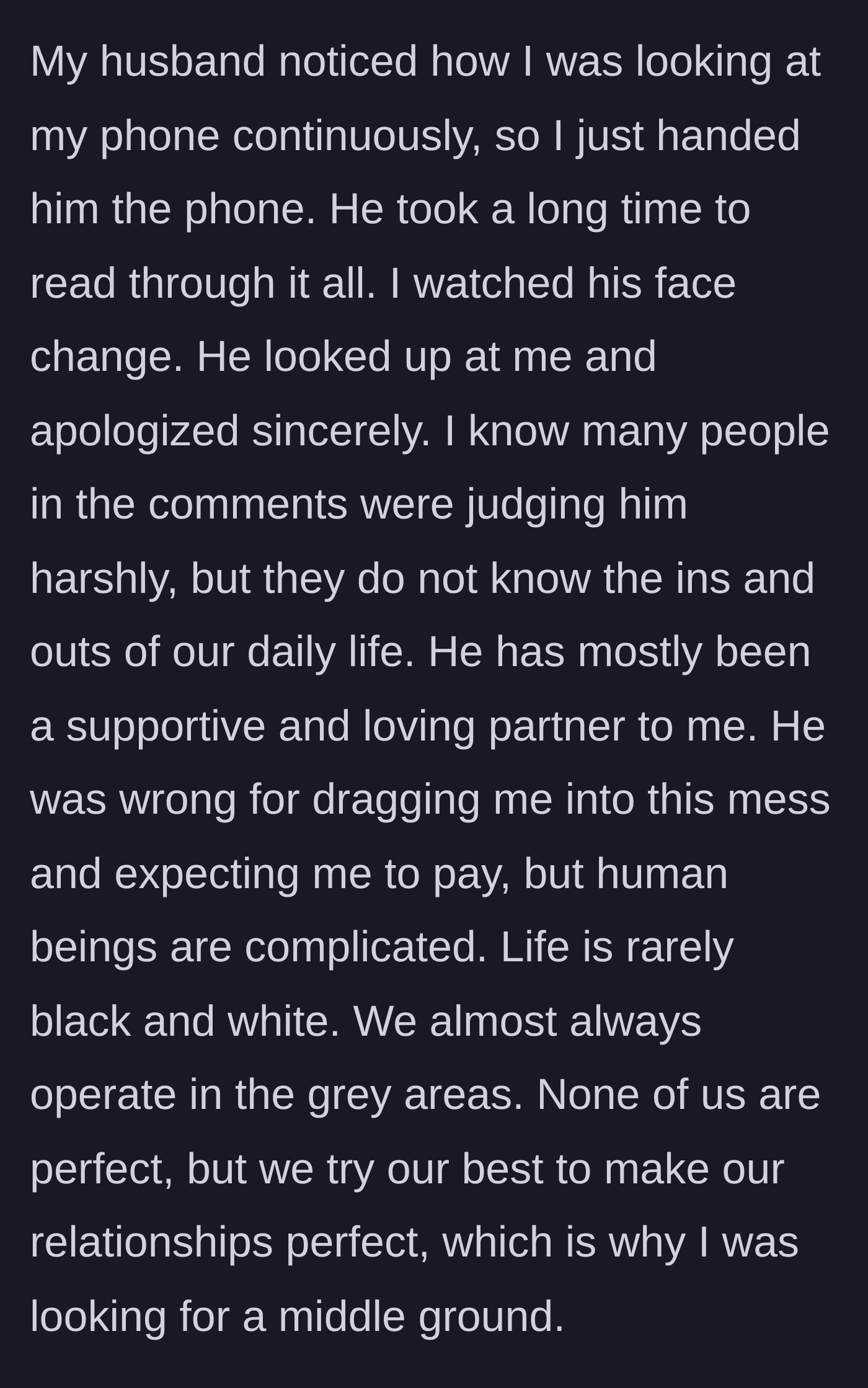 Story part 8 - Husband reads the internet's feedback, realizes his mistake, and sincerely apologizes.