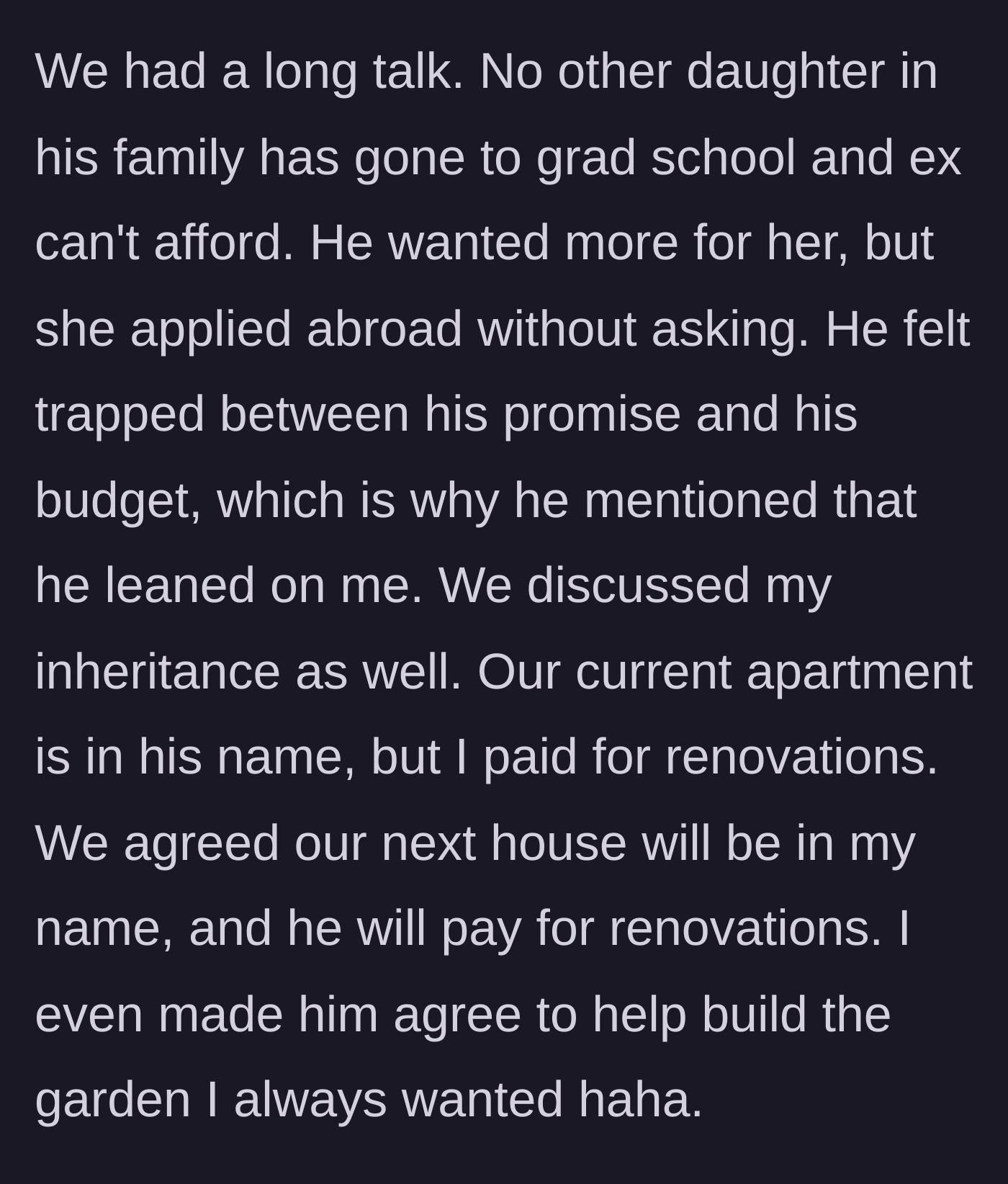 Story part 9 - The couple renegotiates their housing finances and boundaries, clearing the air.