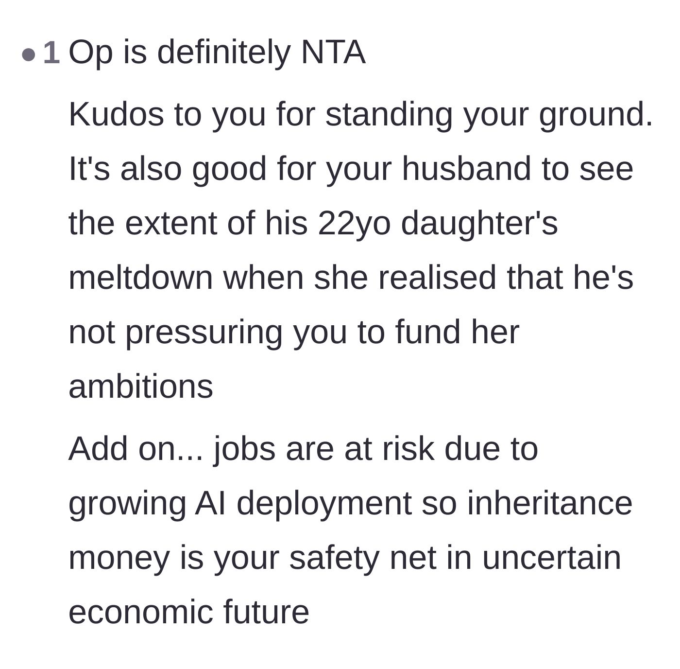 Comment thread 4 - Praising the stepmom for protecting her financial safety net in an uncertain economy.