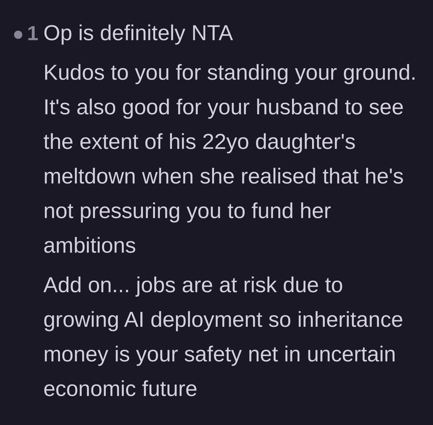 Comment thread 4 - Praising the stepmom for protecting her financial safety net in an uncertain economy.