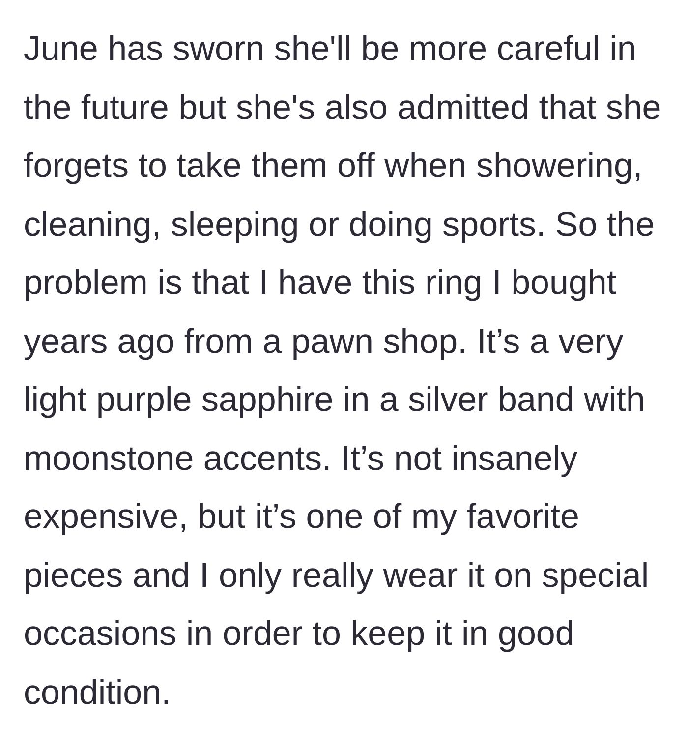 Story part 3 - The stepdaughter admits she never takes rings off for sports or showering, while the stepmom describes her cherished, vintage light purple sapphire ring.