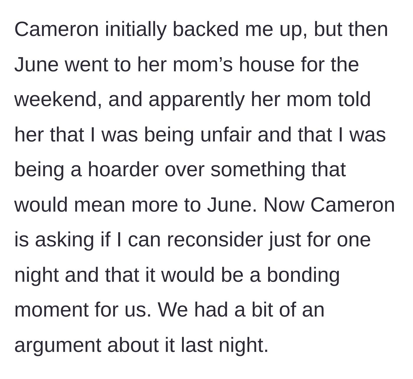Story part 5 - The biological mom calls the stepmom a hoarder, and the husband flip-flops, pressuring the stepmom to give in for the sake of bonding.