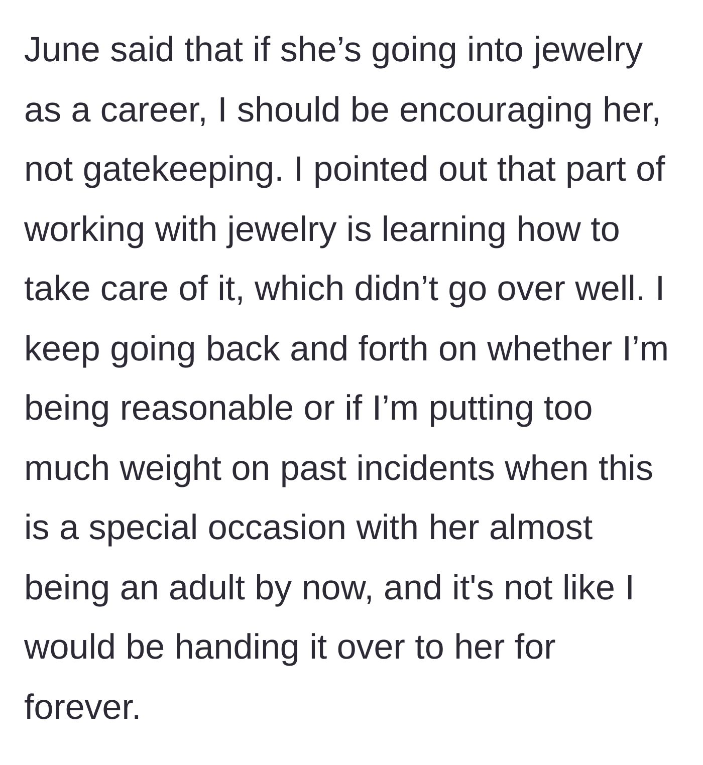 Story part 6 - The stepdaughter accuses the stepmom of gatekeeping her future career, while the stepmom questions if she's being too rigid about a one-night event.