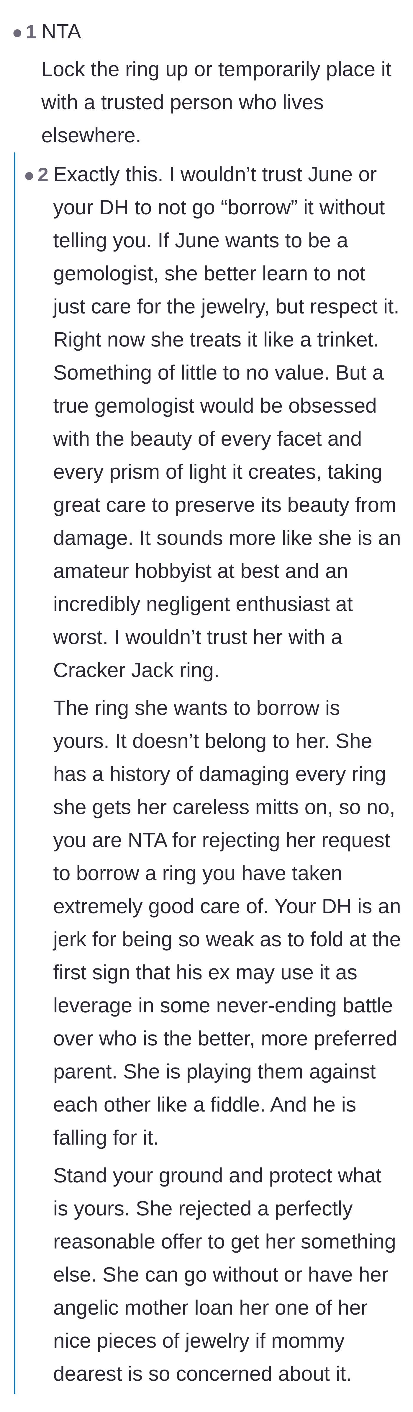 Comment thread 1 - Readers advise locking up the ring, calling out the husband's weak boundaries and warning about the gruesome physical dangers of wearing rings during sports.