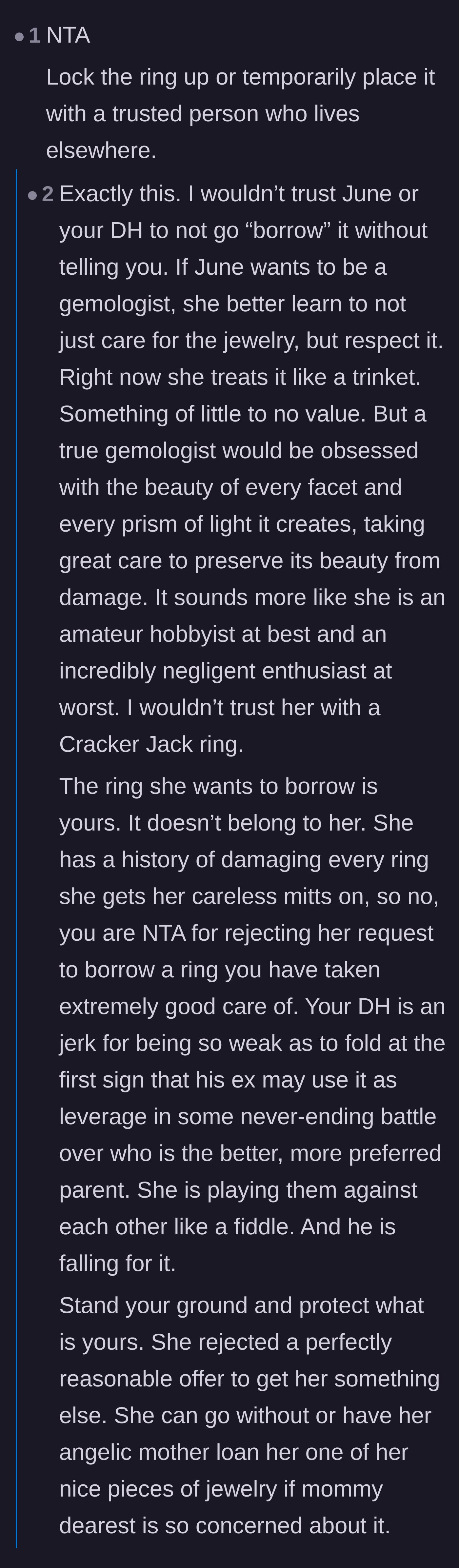 Comment thread 1 - Readers advise locking up the ring, calling out the husband's weak boundaries and warning about the gruesome physical dangers of wearing rings during sports.