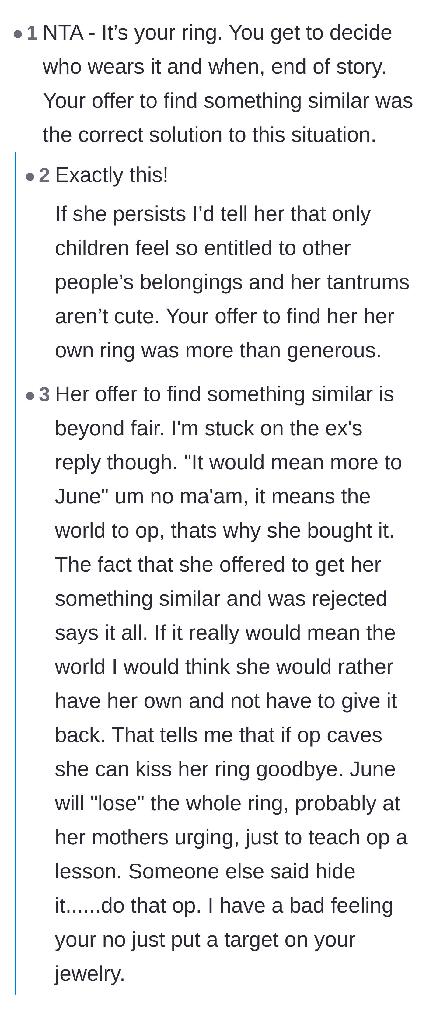 Comment thread 2 - Commenters validate that the stepmom's compromise was generous and point out how ridiculous it is to claim the ring would mean more to the stepdaughter.
