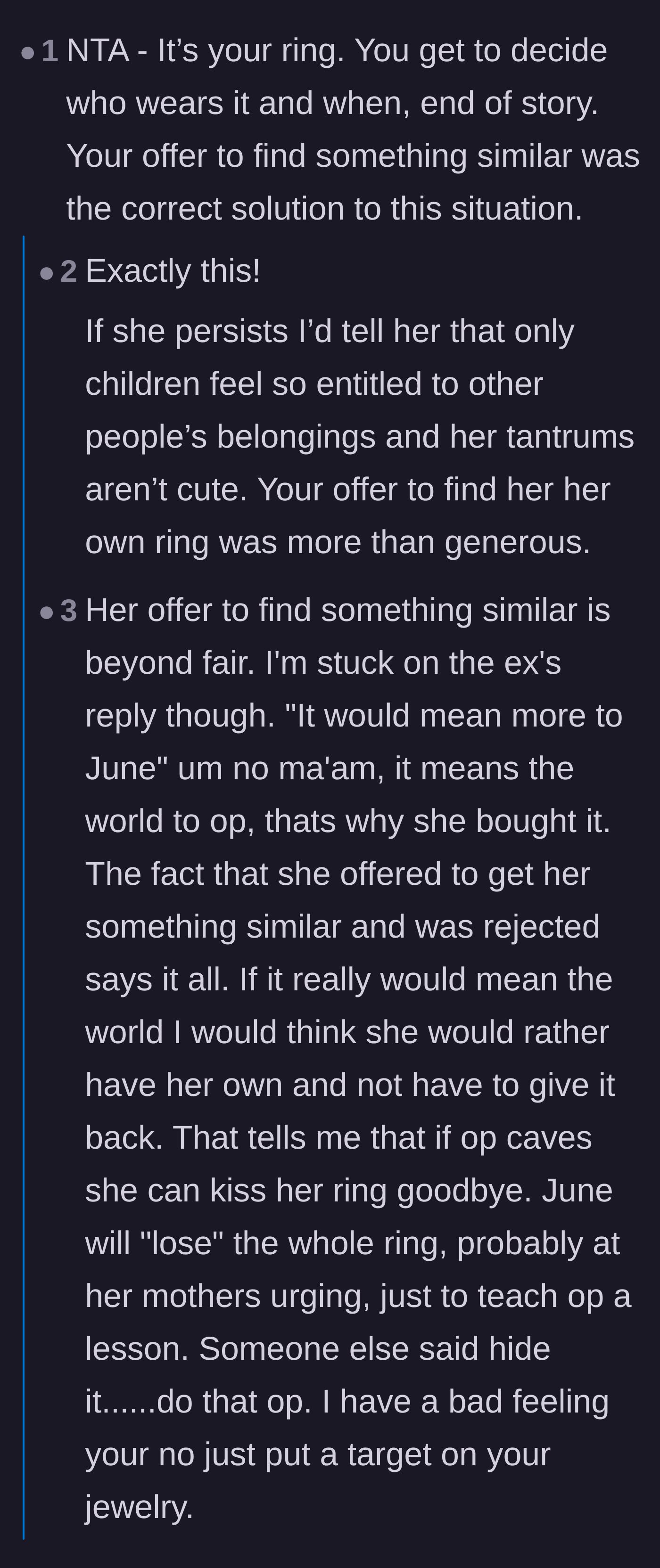 Comment thread 2 - Commenters validate that the stepmom's compromise was generous and point out how ridiculous it is to claim the ring would mean more to the stepdaughter.