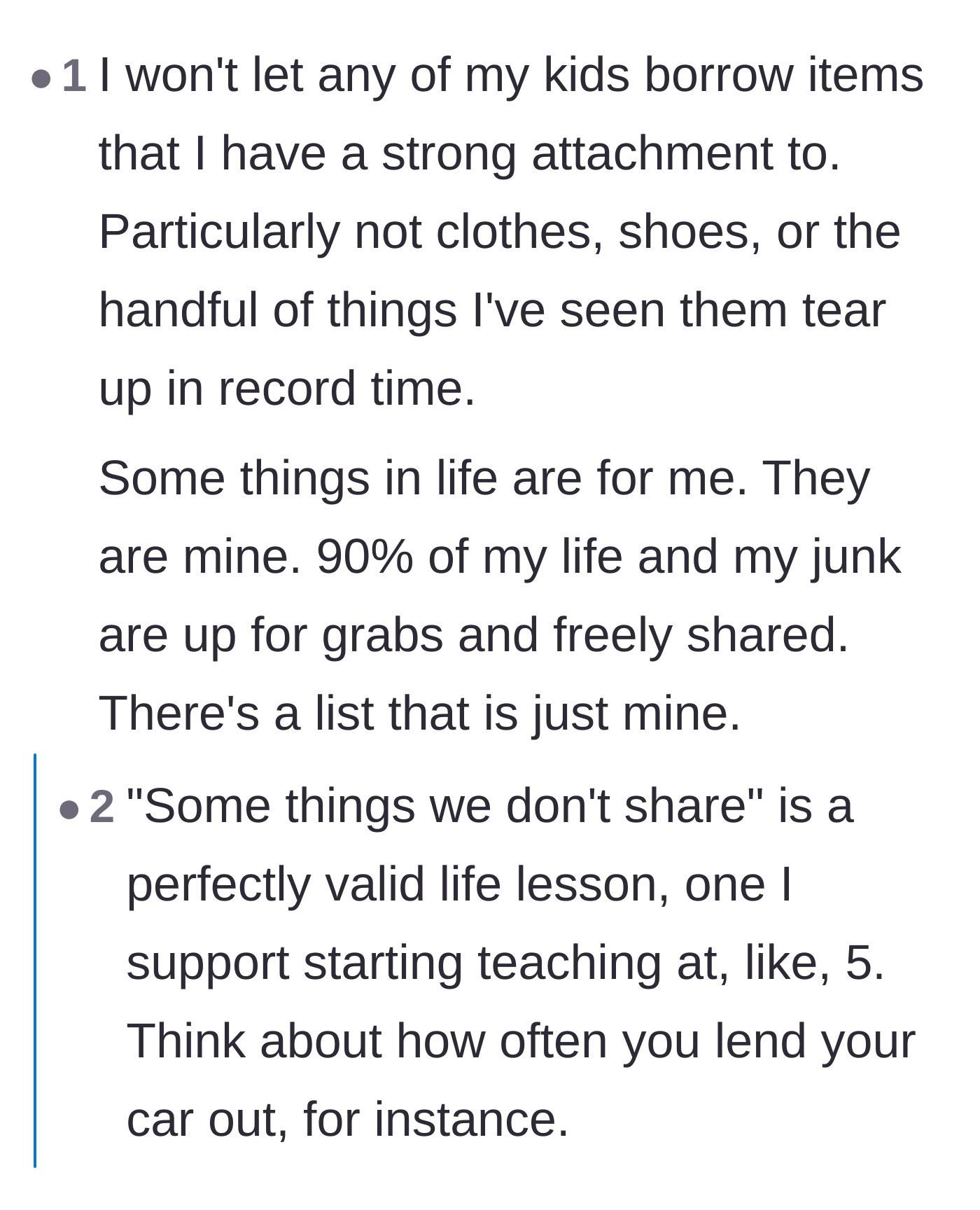 Comment thread 3 - A deeply personal discussion about not sharing special items, featuring a heartbreaking story about a sister losing a cherished family heirloom.