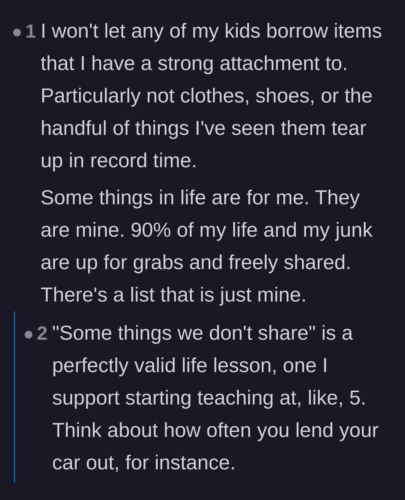 Comment thread 3 - A deeply personal discussion about not sharing special items, featuring a heartbreaking story about a sister losing a cherished family heirloom.
