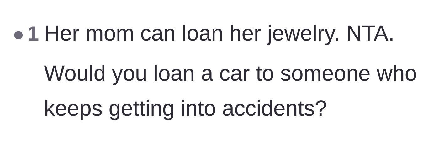 Comment thread 6 - A blunt comparison asking if you would ever loan a car to a driver who constantly gets into accidents.