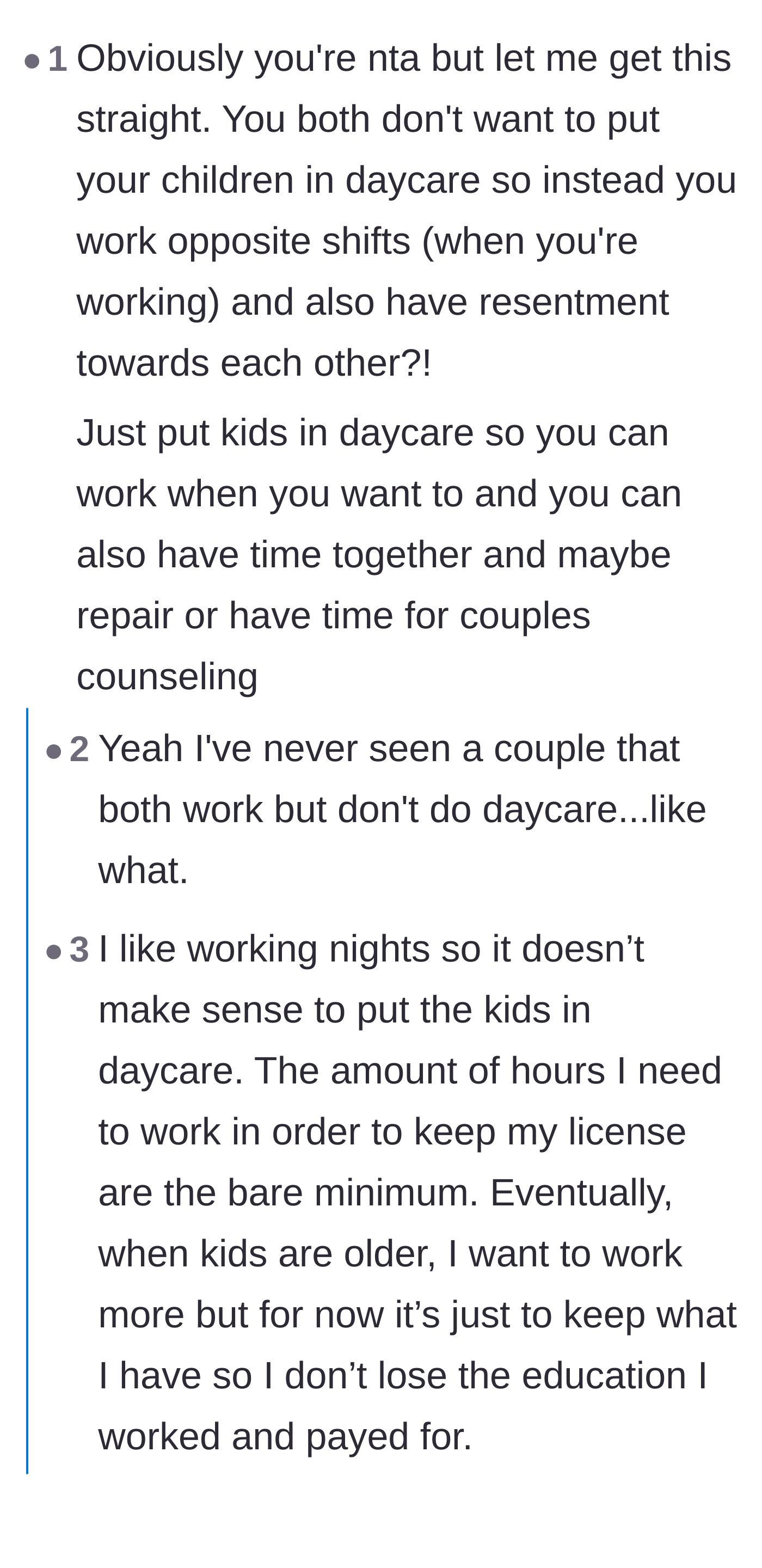 Comment thread 2 - A debate over the couple's strict refusal to use daycare even for a temporary five-day orientation period.