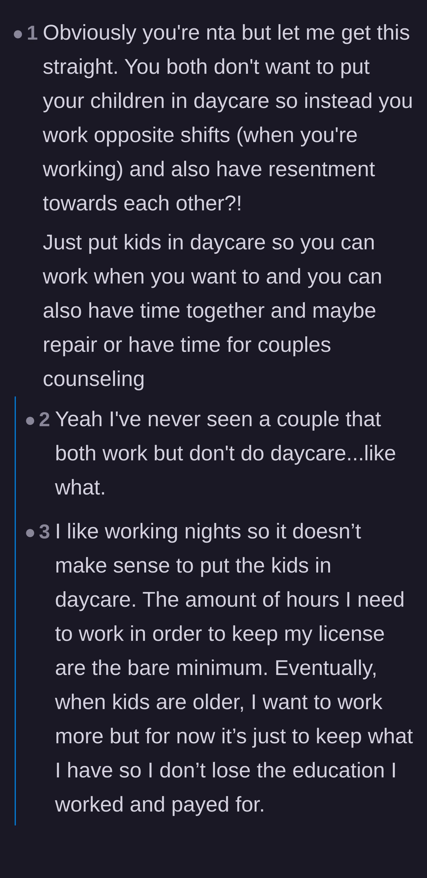 Comment thread 2 - A debate over the couple's strict refusal to use daycare even for a temporary five-day orientation period.