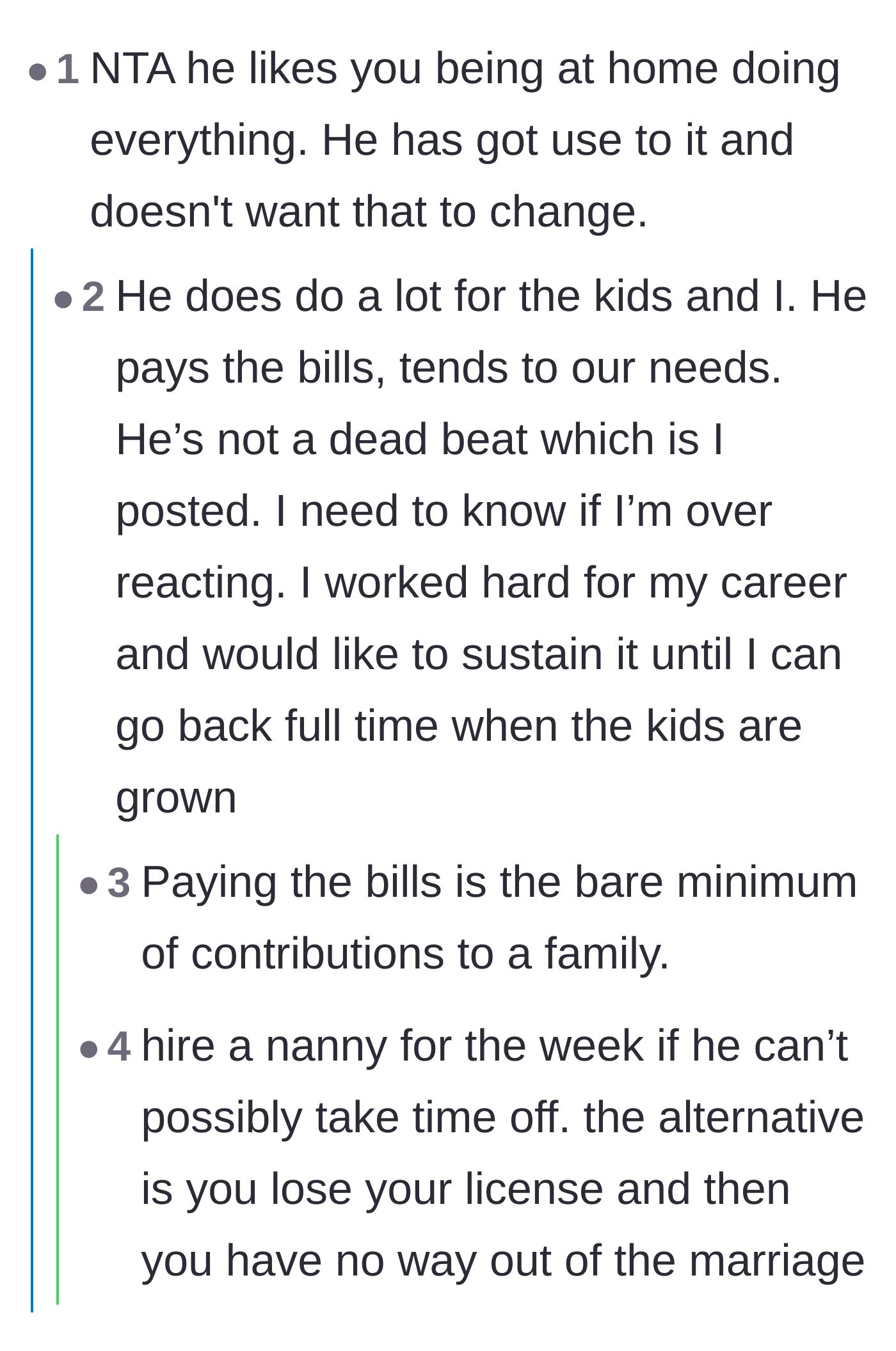 Comment thread 4 - A discussion dismantling the idea that paying the bills makes the husband a good partner, featuring a veteran husband's perspective on mutual respect.