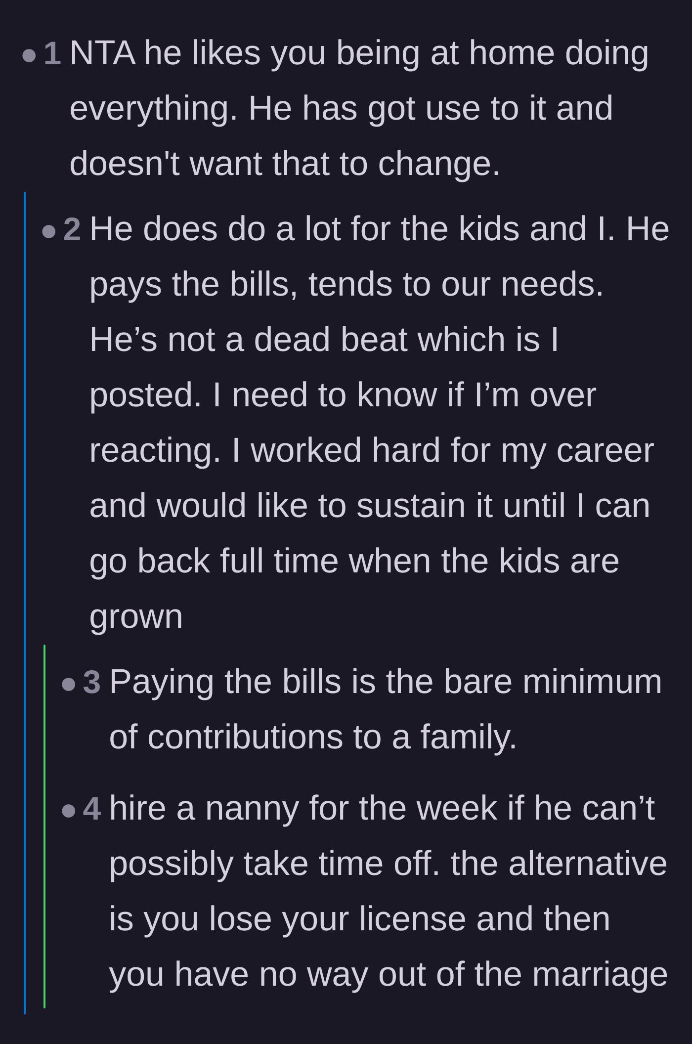 Comment thread 4 - A discussion dismantling the idea that paying the bills makes the husband a good partner, featuring a veteran husband's perspective on mutual respect.