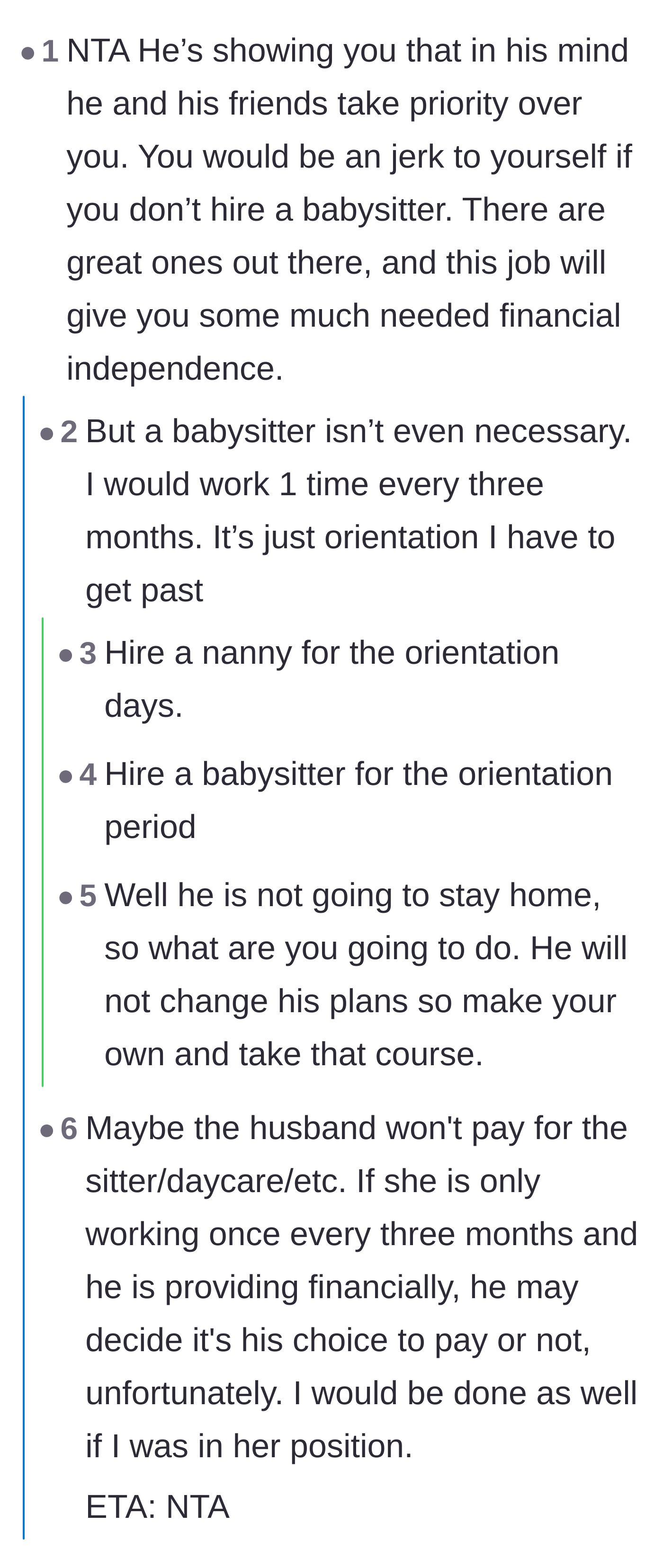 Comment thread 6 - Readers pointing out the husband's skewed priorities and urging the wife to invest in her own financial independence by hiring temporary help.