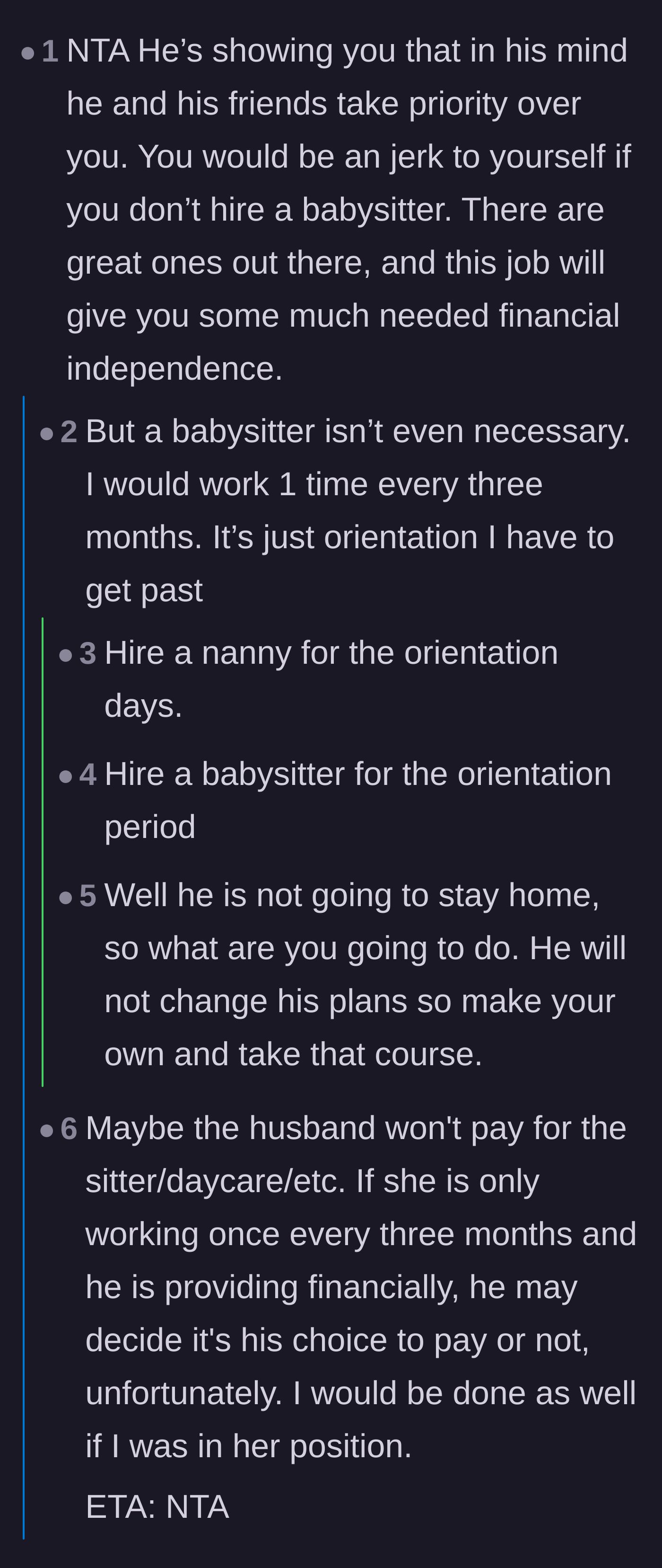 Comment thread 6 - Readers pointing out the husband's skewed priorities and urging the wife to invest in her own financial independence by hiring temporary help.