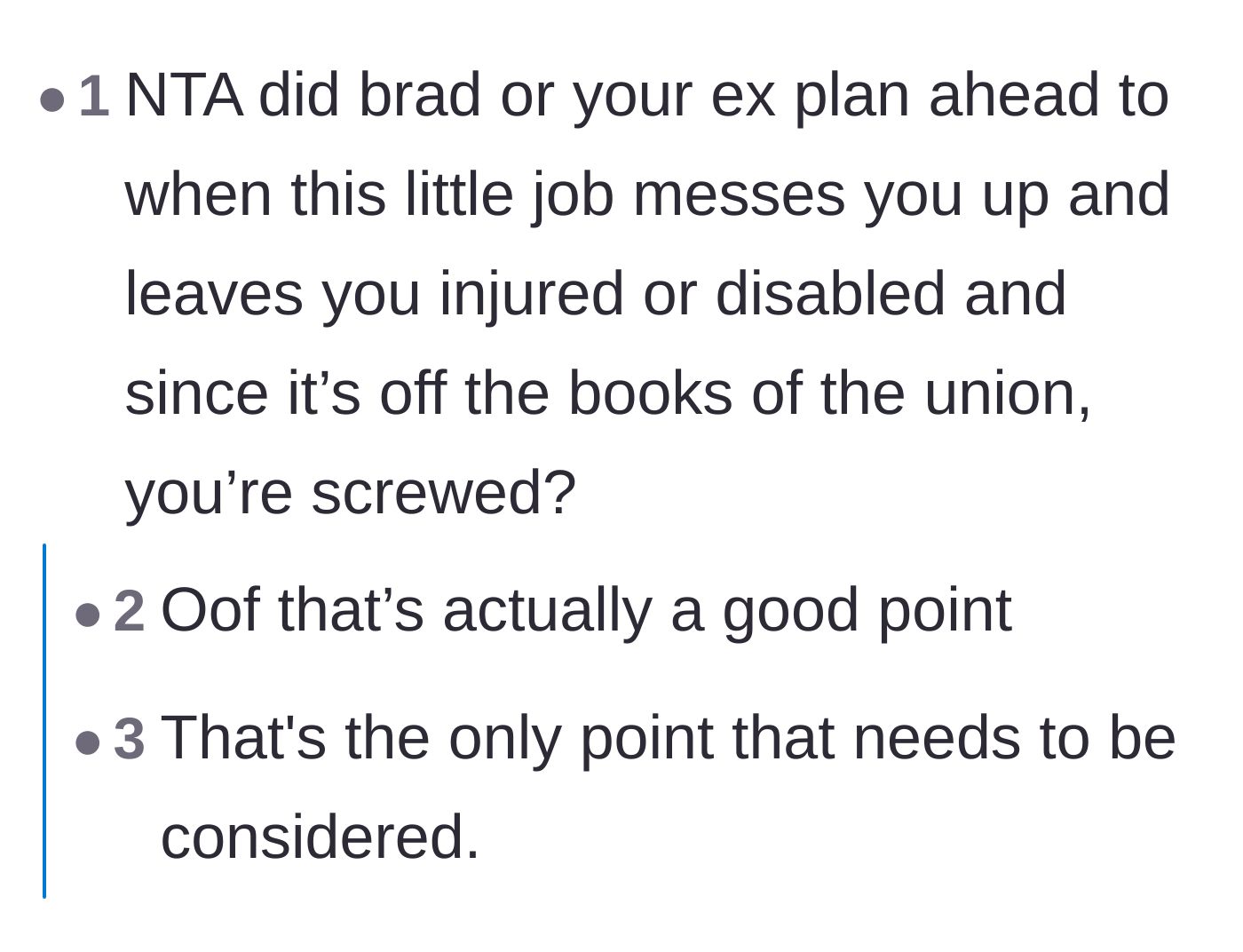 Comment thread highlighting the danger of working off the books without union protections if an injury occurs.