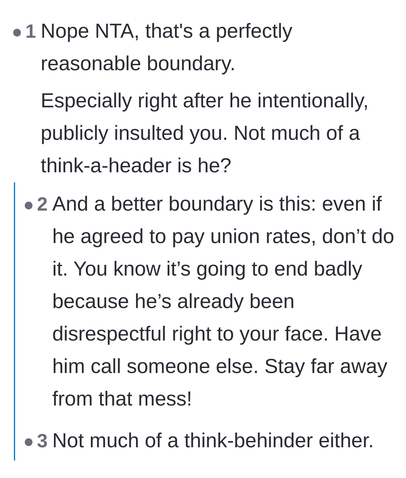 Comment thread applauding the boundary setting and mocking Brad's lack of foresight.