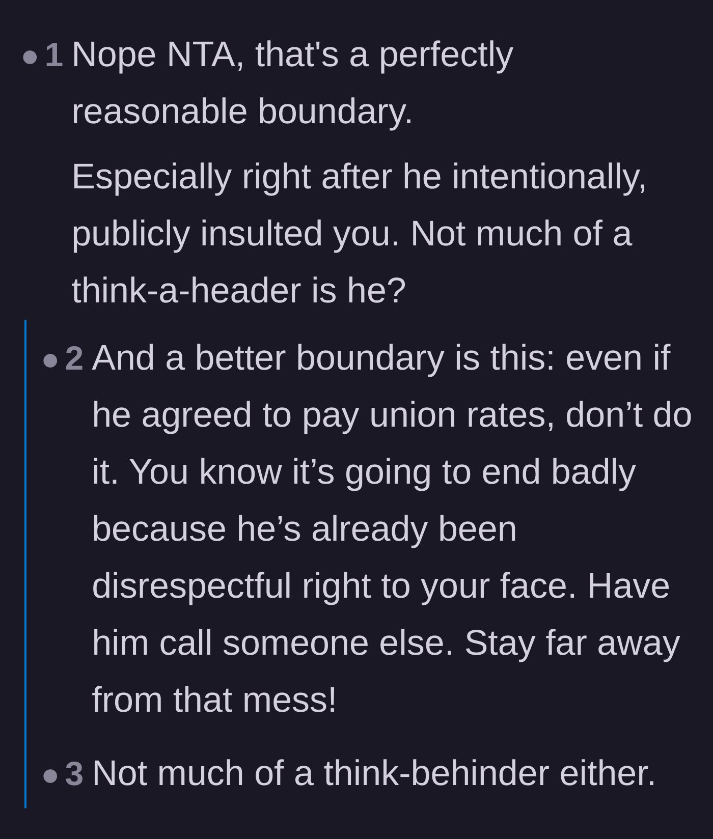 Comment thread applauding the boundary setting and mocking Brad's lack of foresight.